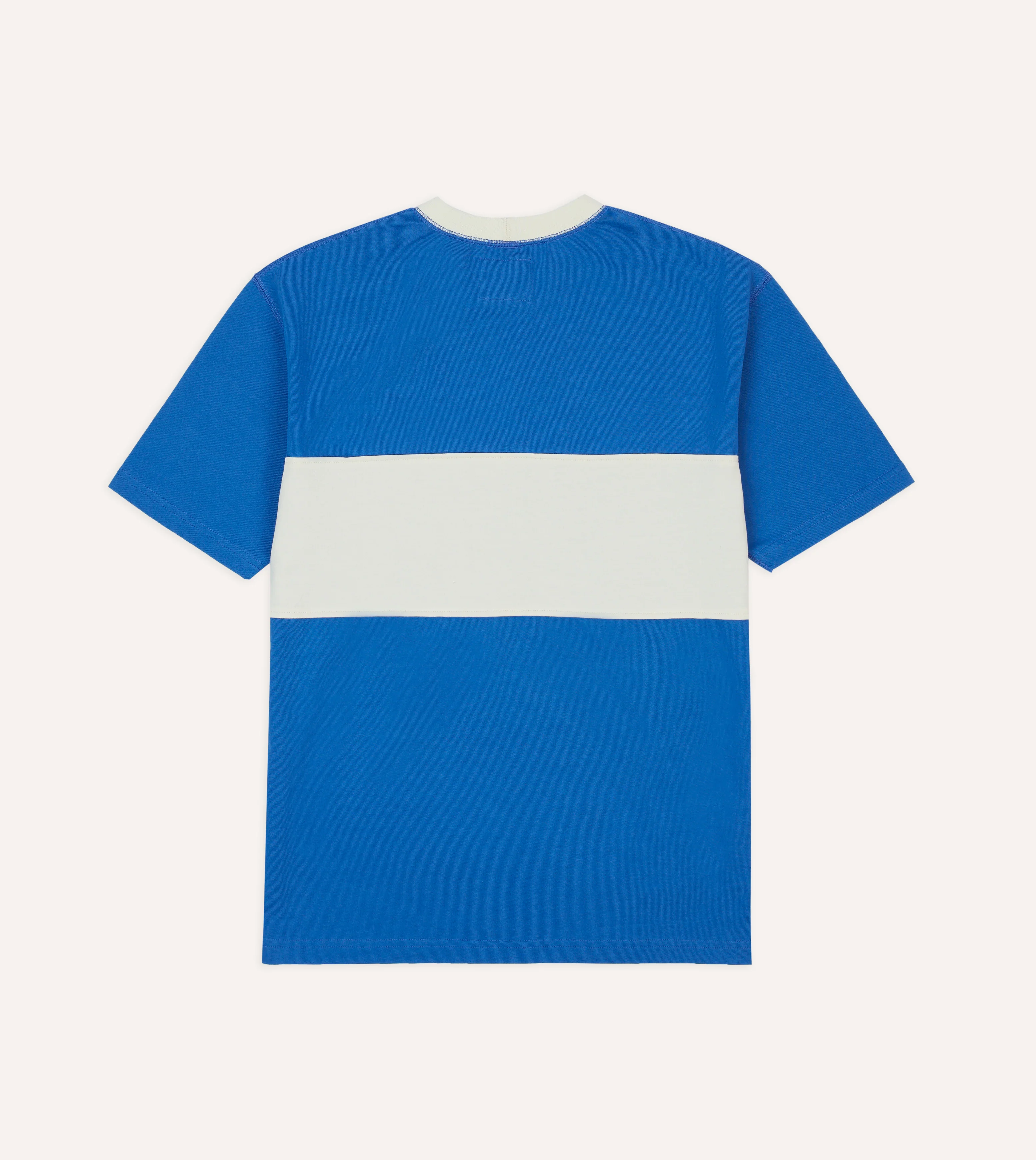 Blue and Ecru Panel Stripe Cotton Crew Neck Hiking T-Shirt - Image 4