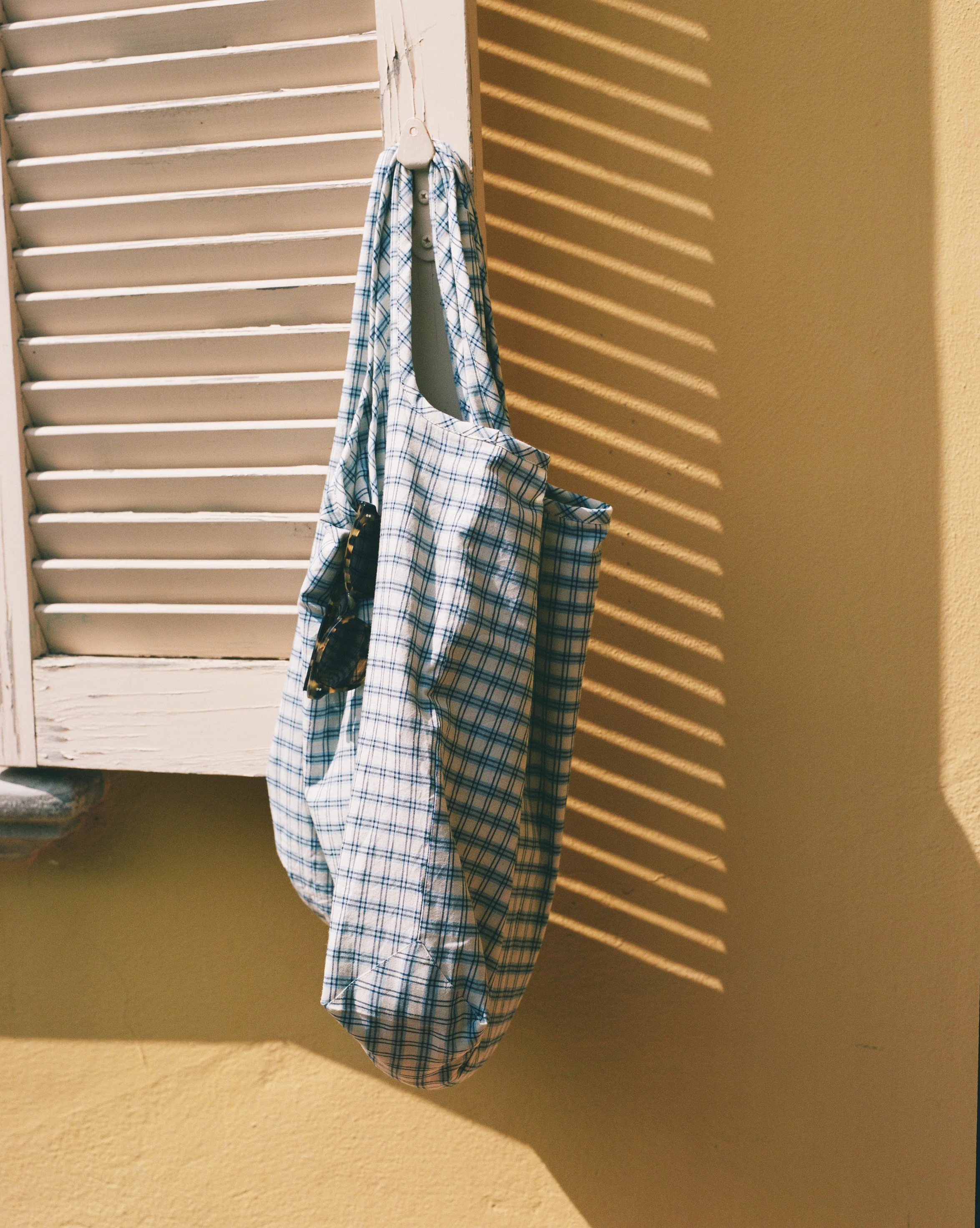 Blue and White Madras Check Cotton Market Tote Bag - Image 6