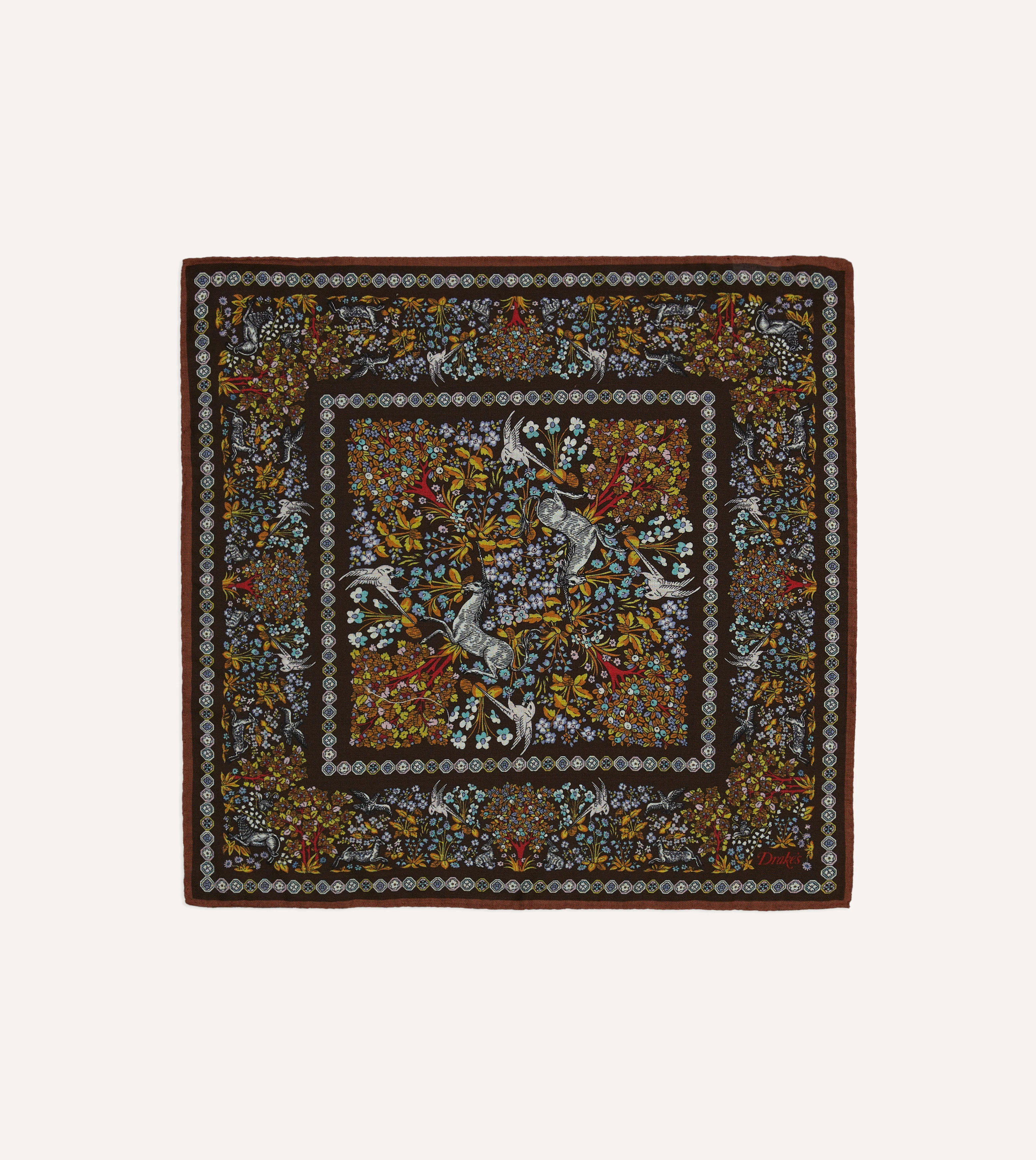 Blue Floral Unicorn Print Wool-Silk Pocket Square