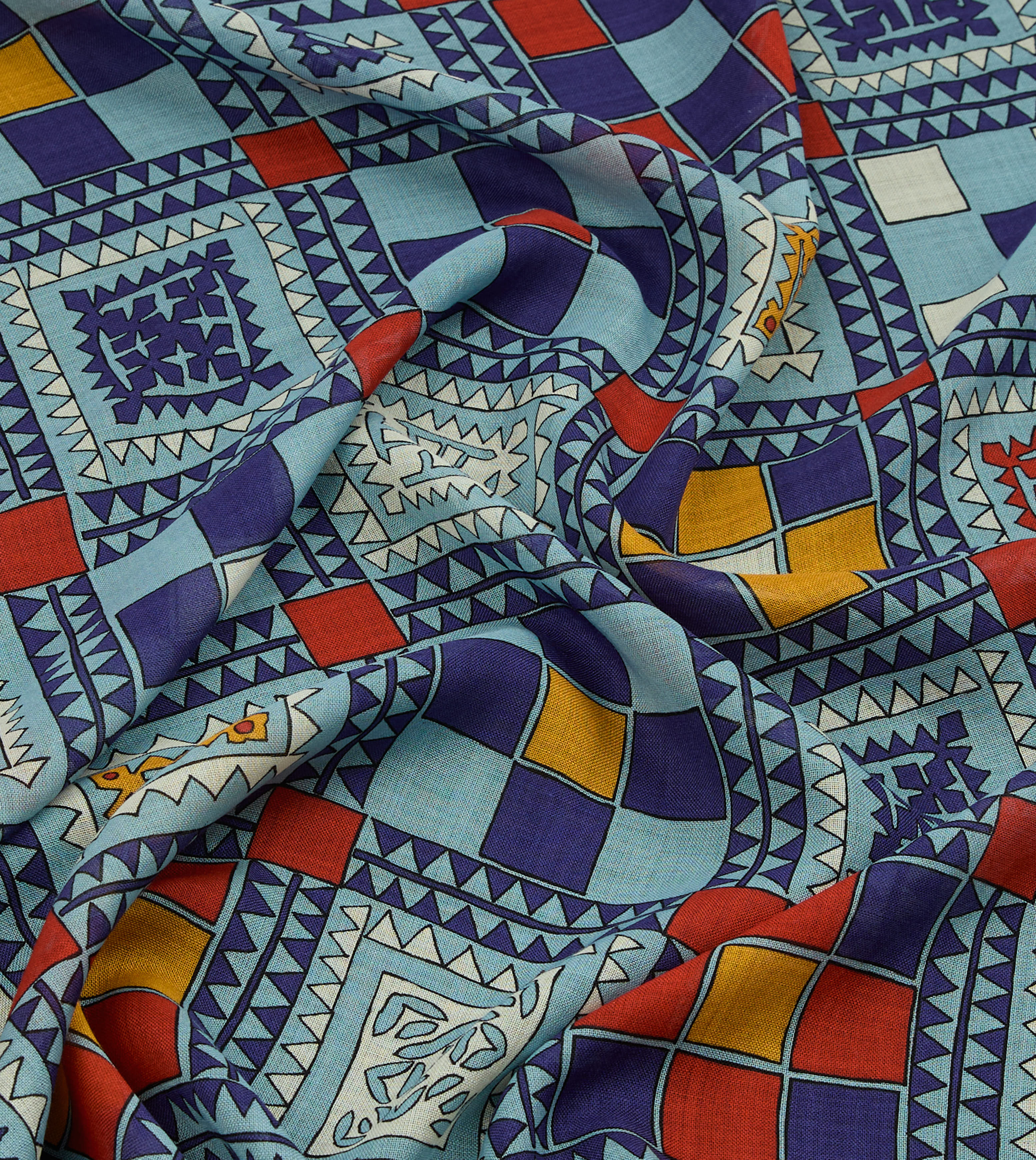 Blue Geometric Print Wool Silk Scarf - Image 2