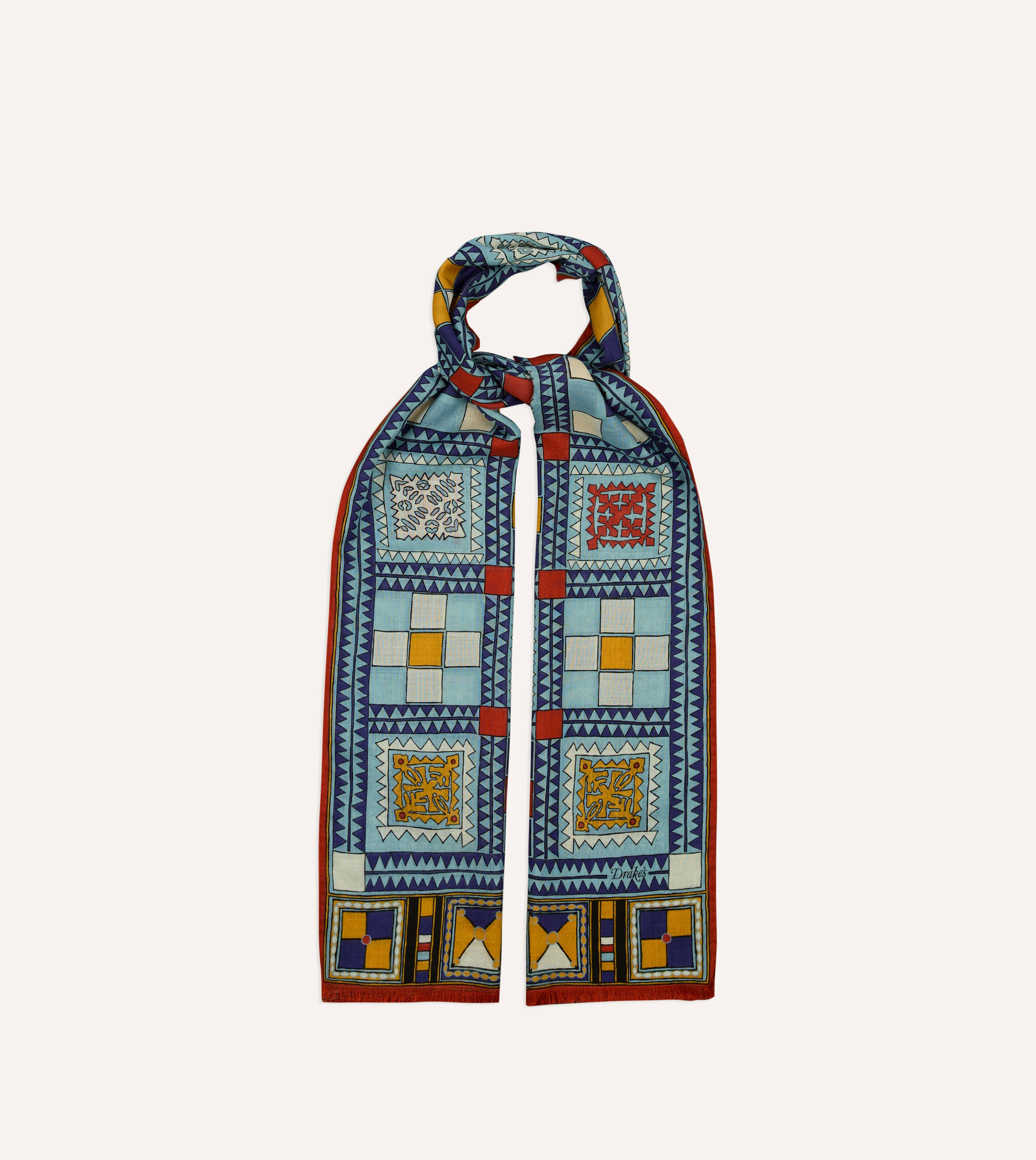 Blue Geometric Print Wool Silk Scarf - Image 4