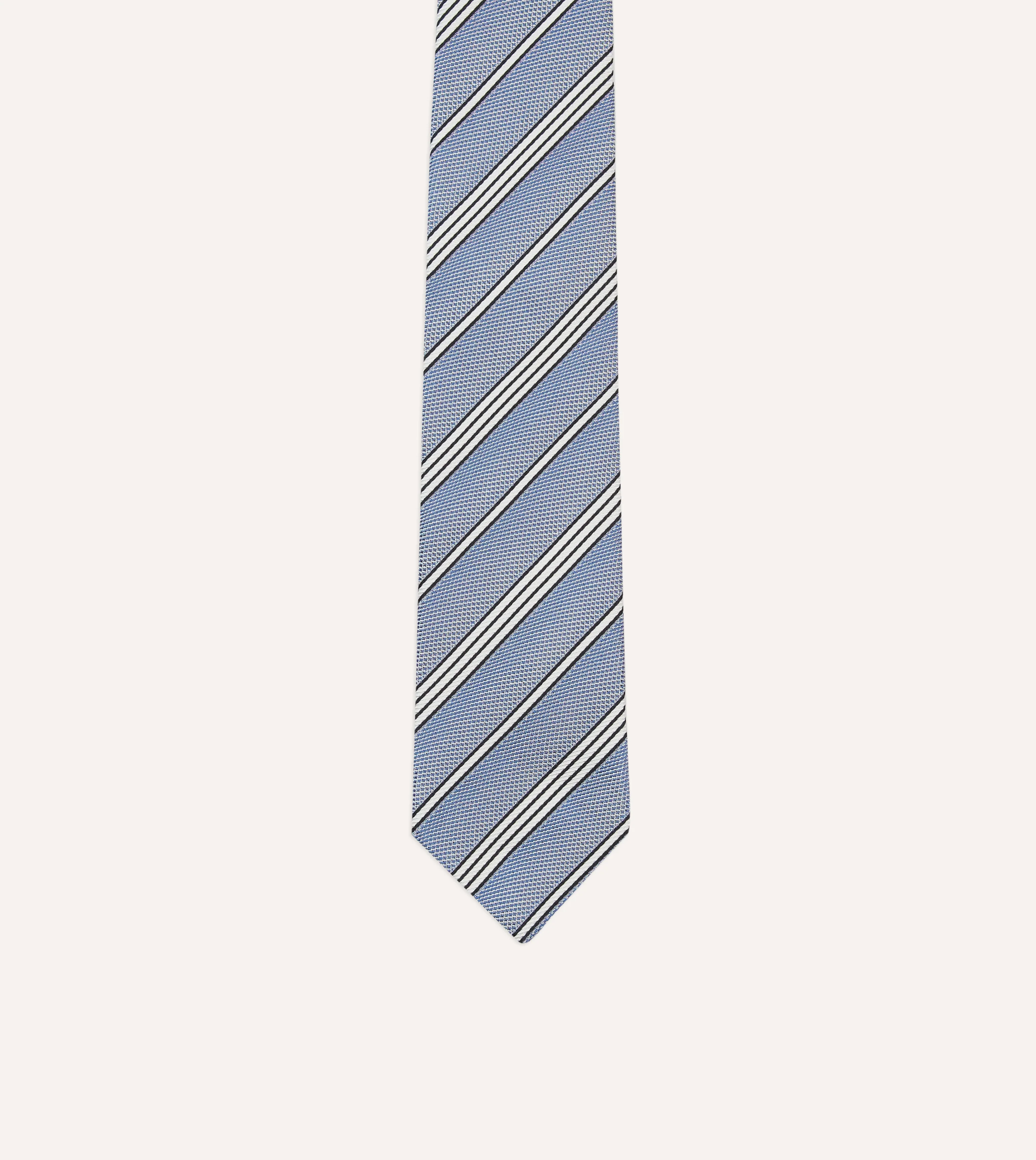 Blue, Navy and Ecru Twill Stripe Tipped Silk Grenadine Tie - Image 3