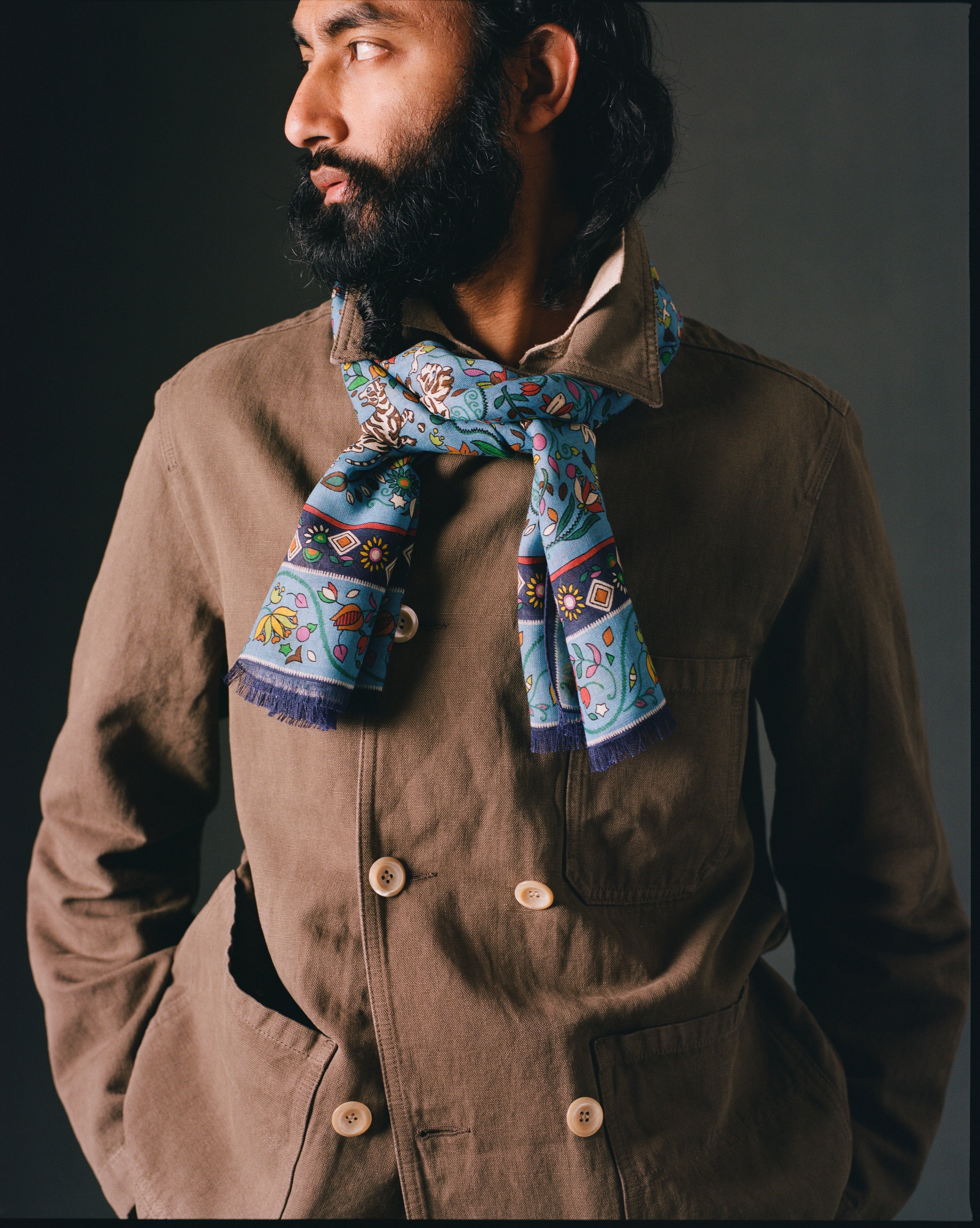 Blue Tiger Garden Print Wool Silk Scarf