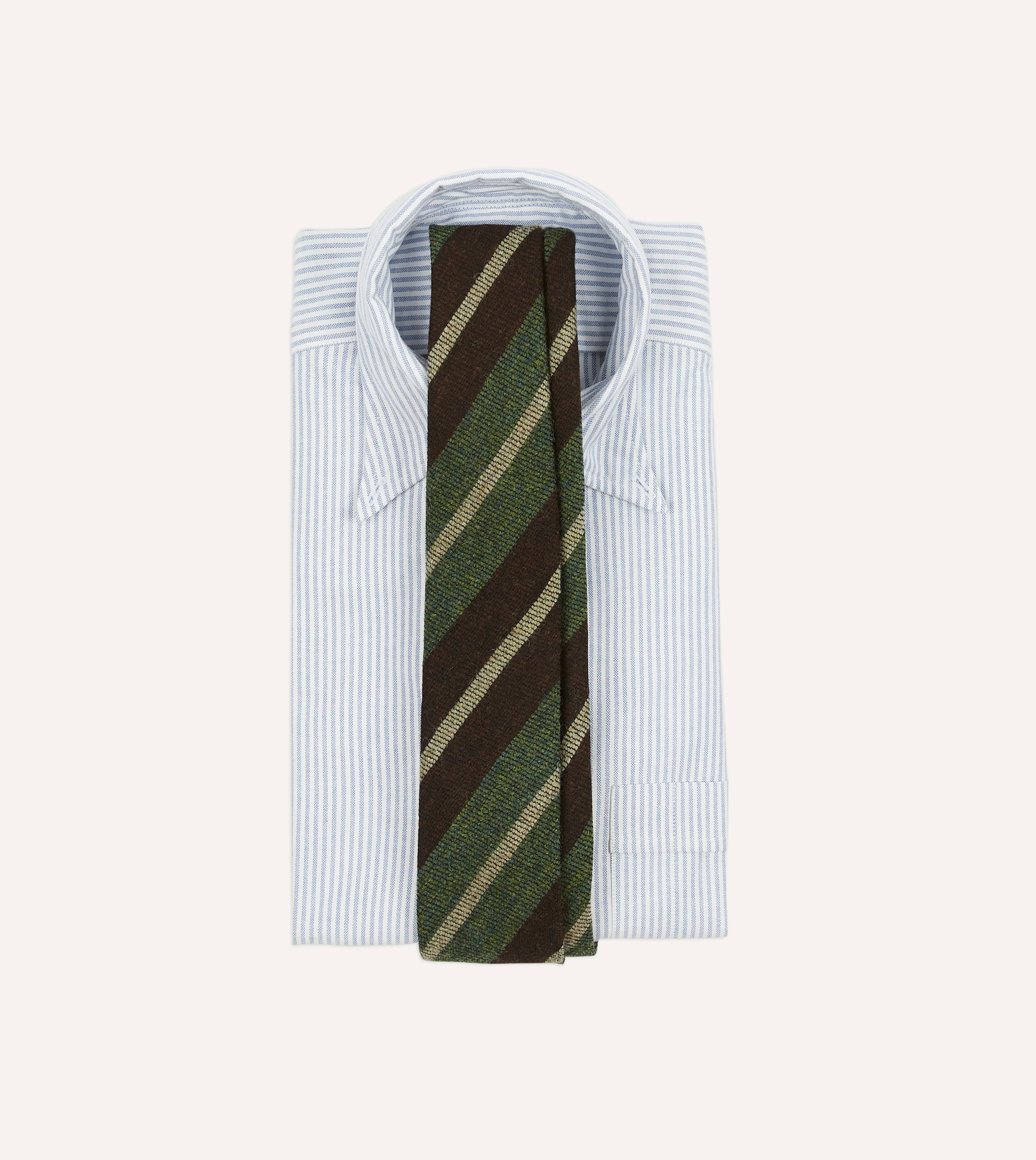 Brown and Green Block Stripe Herringbone Hand Rolled Shetland Wool Tie - Image 2