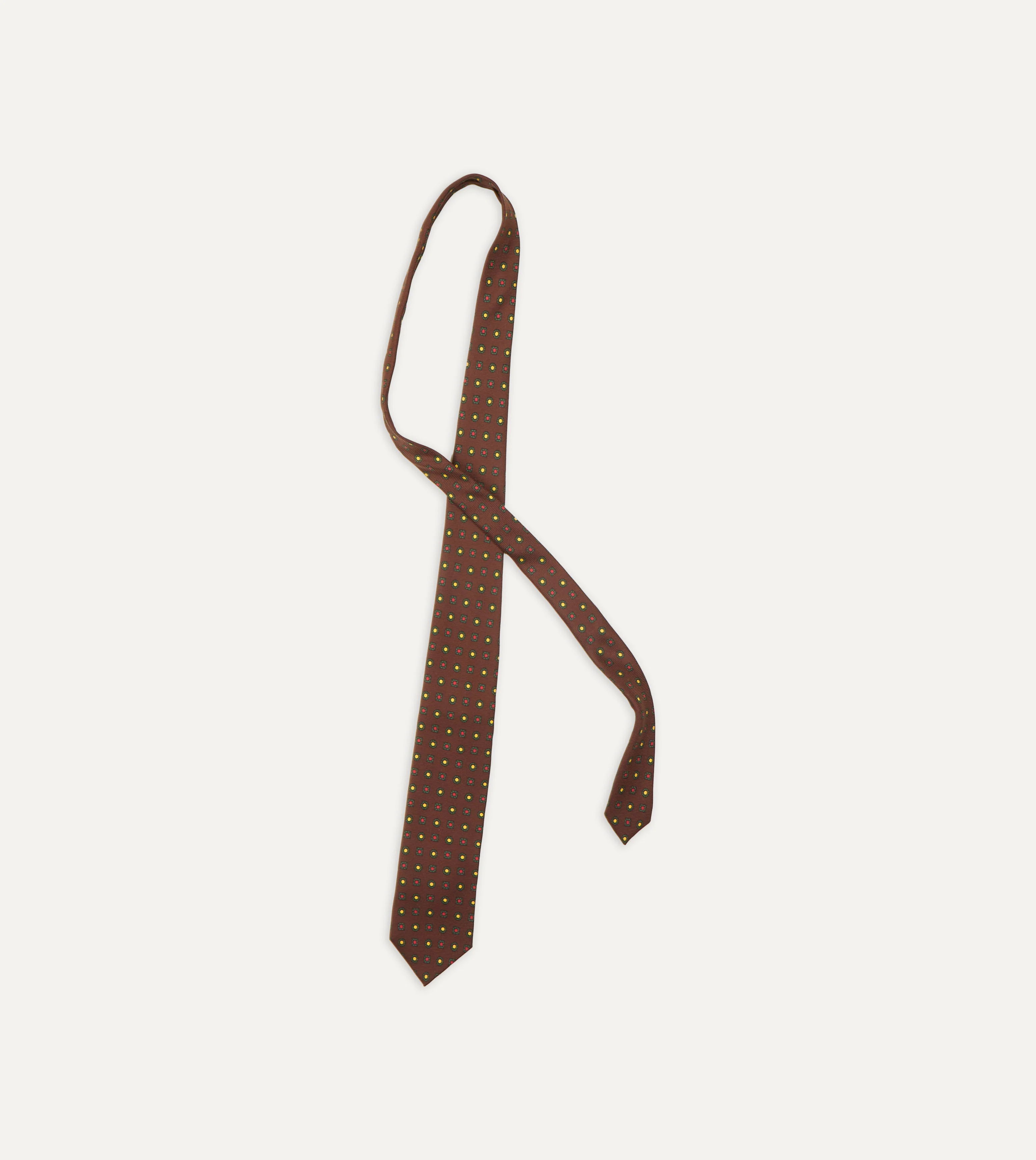 Brown and Green Geometric Medallion Print Madder Twill Silk Tie - Image 4
