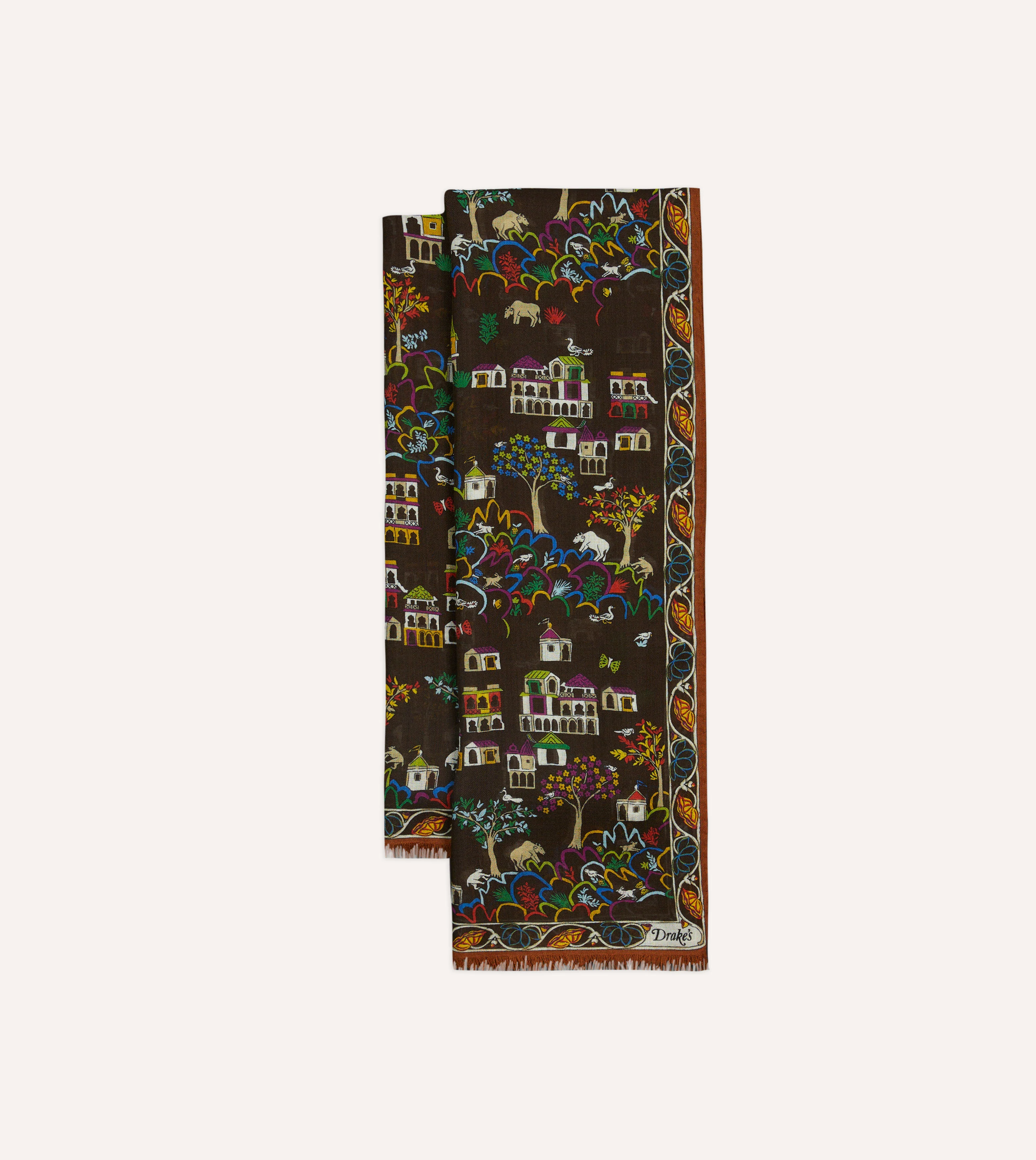 Brown Antique Village Print Wool Silk Scarf