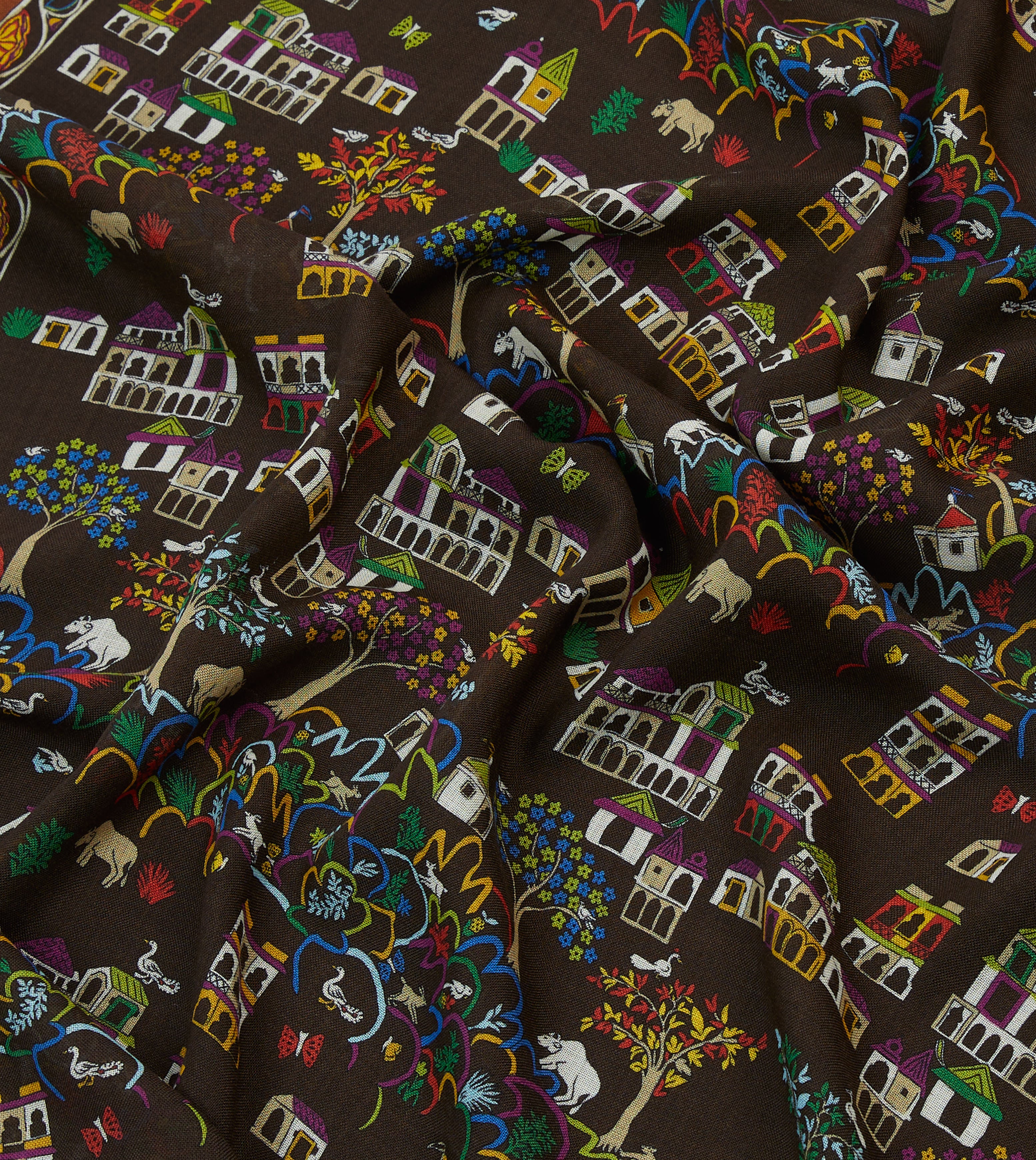 Brown Antique Village Print Wool Silk Scarf - Image 2
