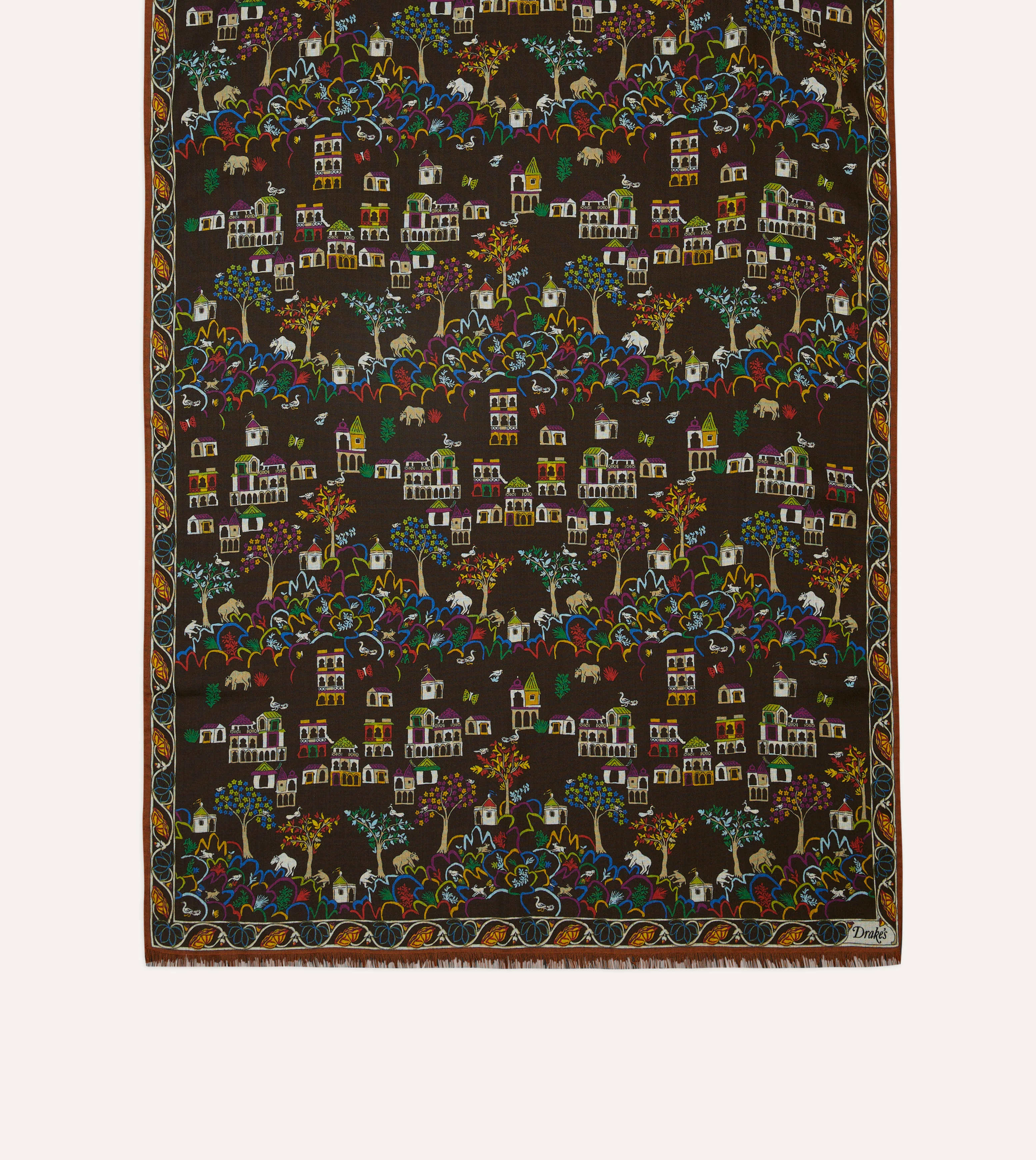 Brown Antique Village Print Wool Silk Scarf - Image 3