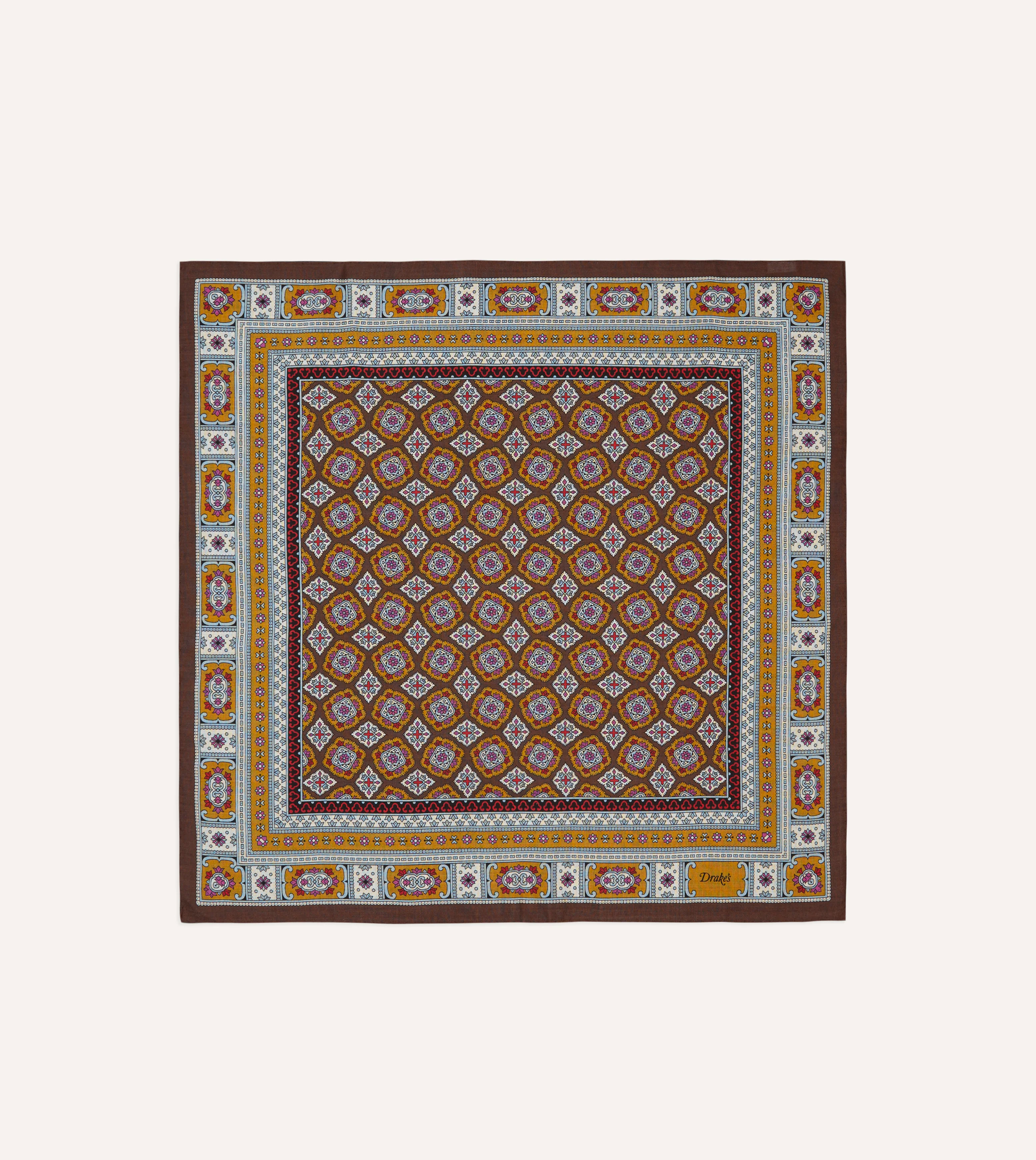 Brown, Blue and Gold Floral Medallion Print Wool-Silk Bandana