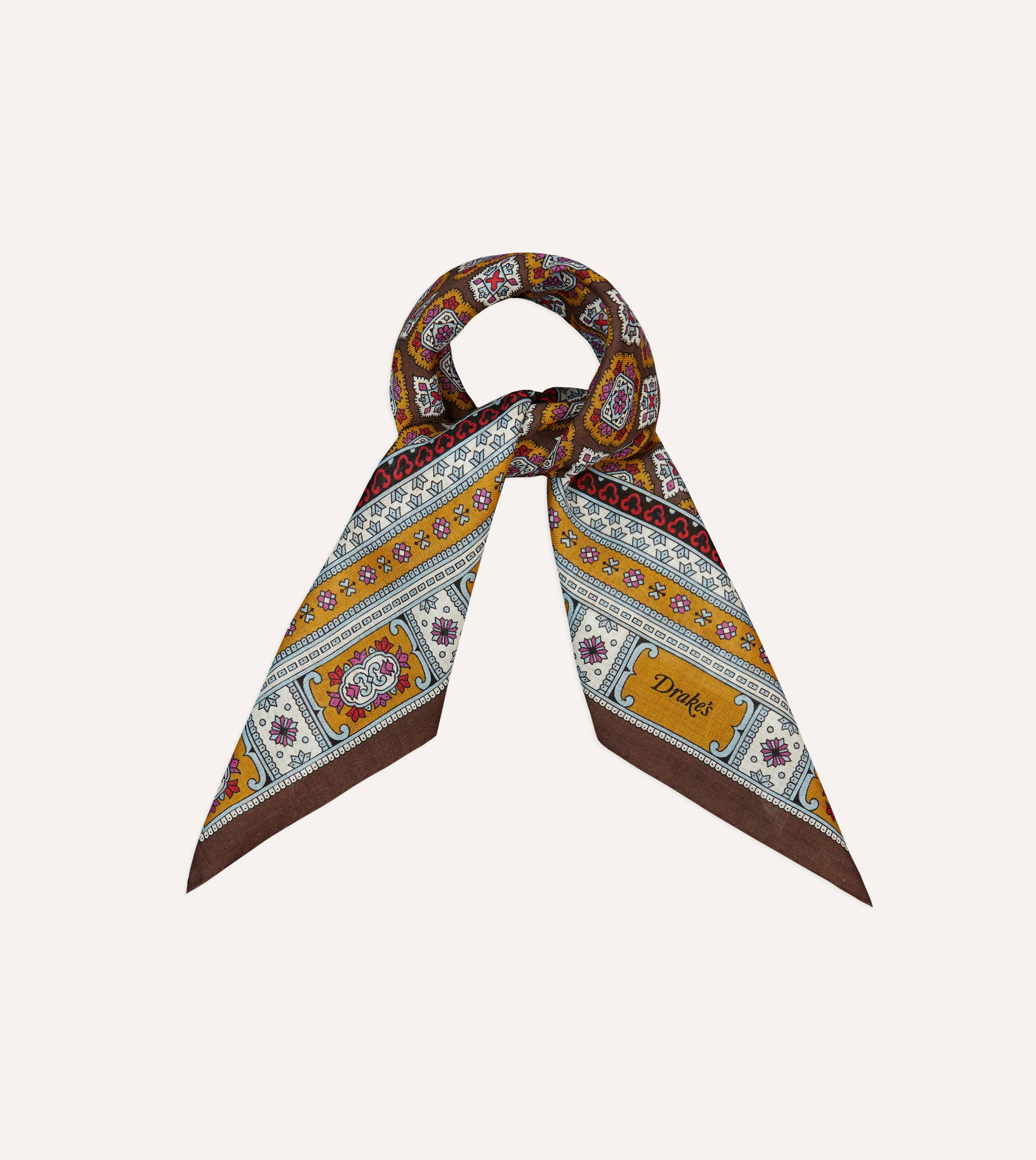 Brown, Blue and Gold Floral Medallion Print Wool-Silk Bandana - Image 5