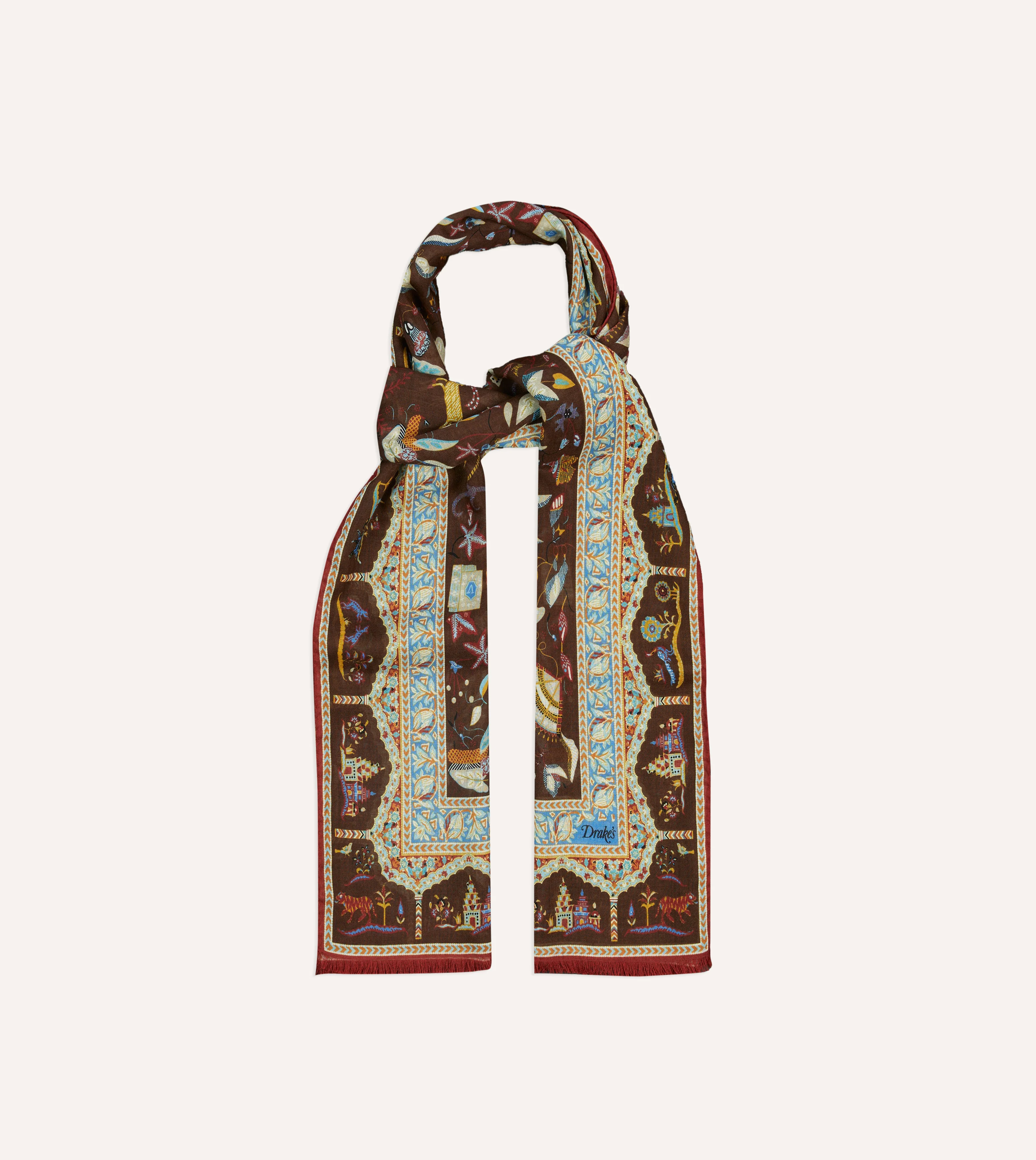 Brown Classic Mughal Print Wool Silk Scarf - Image 4