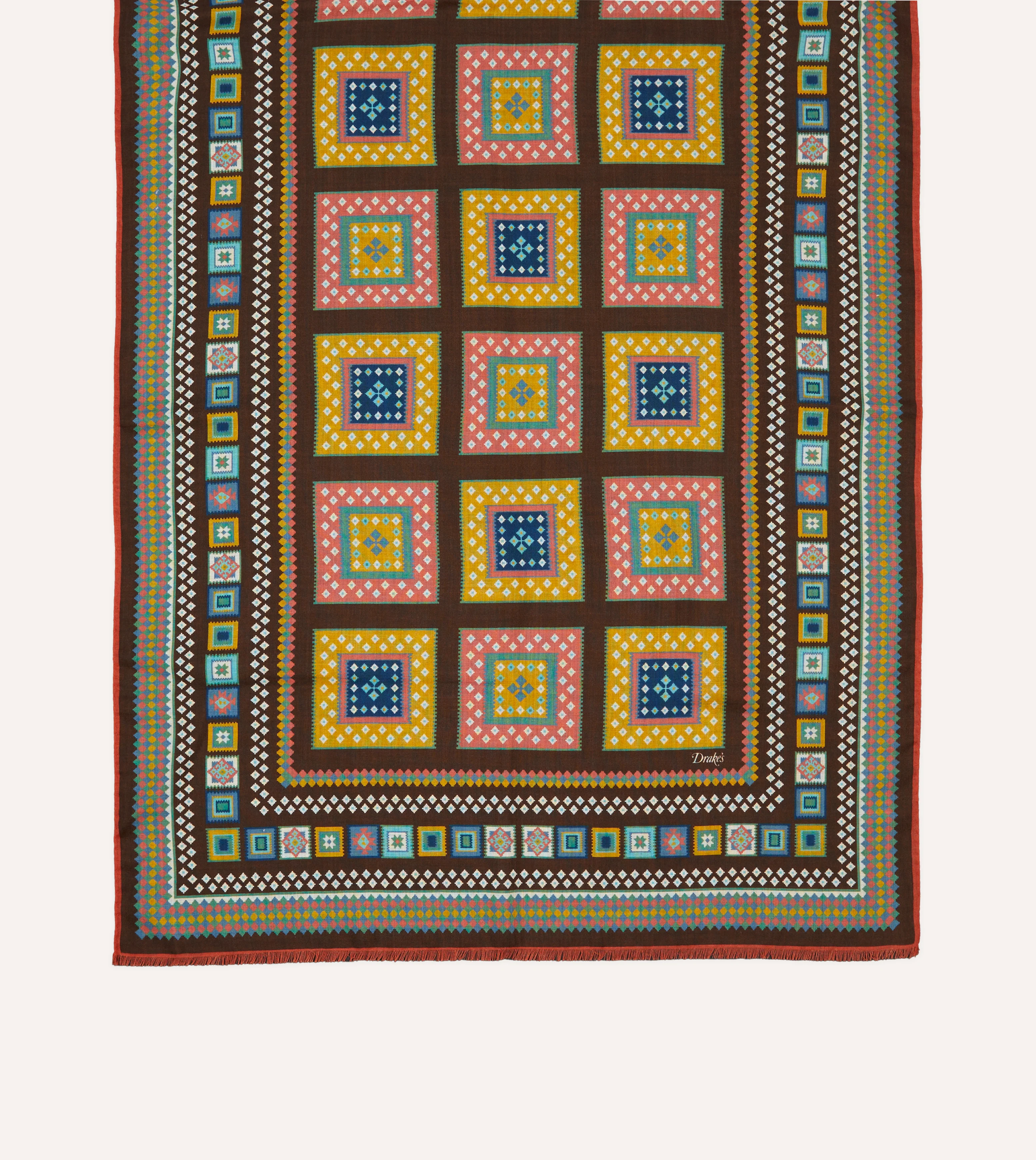 Brown Kilim Blocks Print Wool-Silk Scarf - Image 3