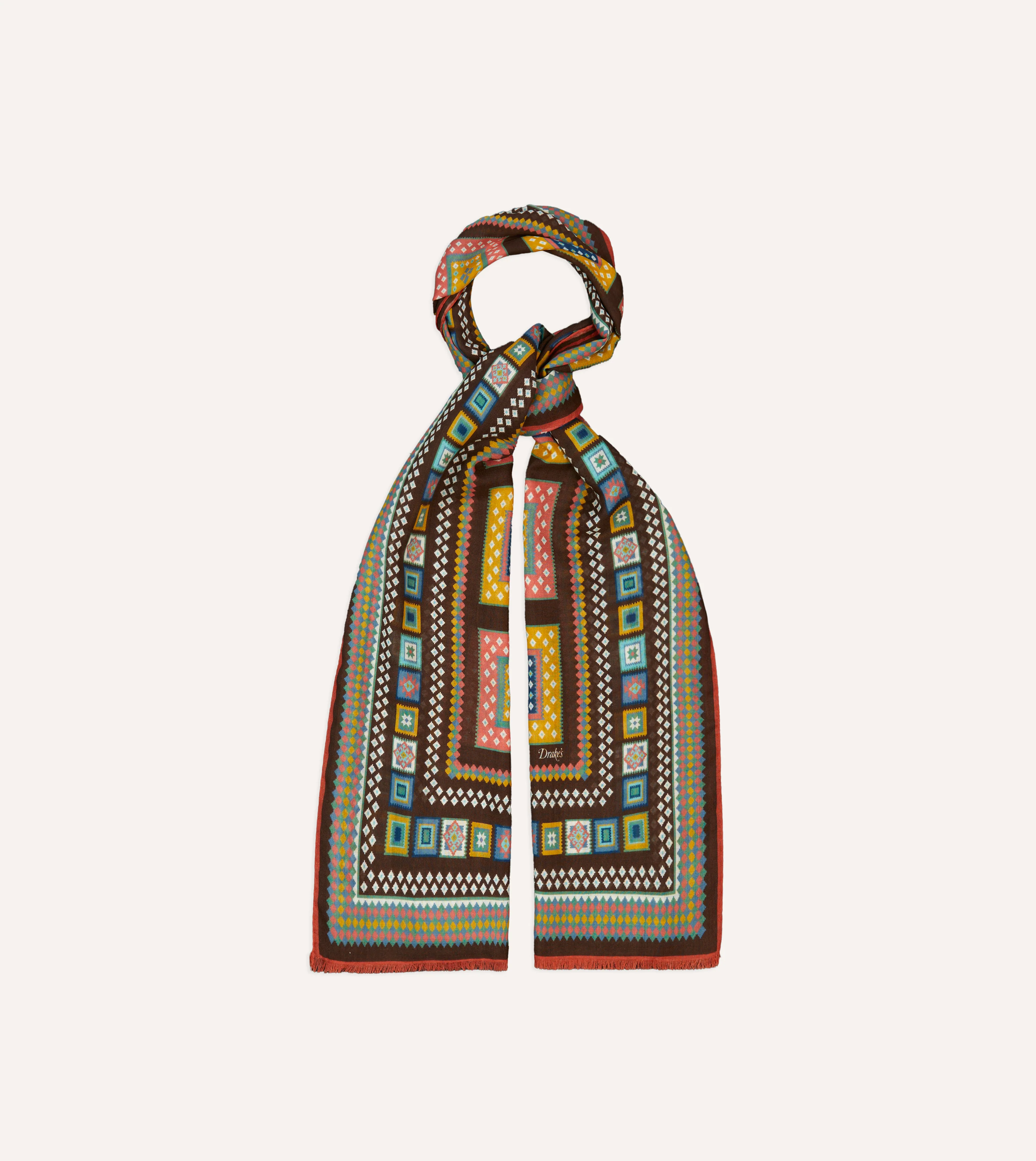 Brown Kilim Blocks Print Wool-Silk Scarf - Image 4
