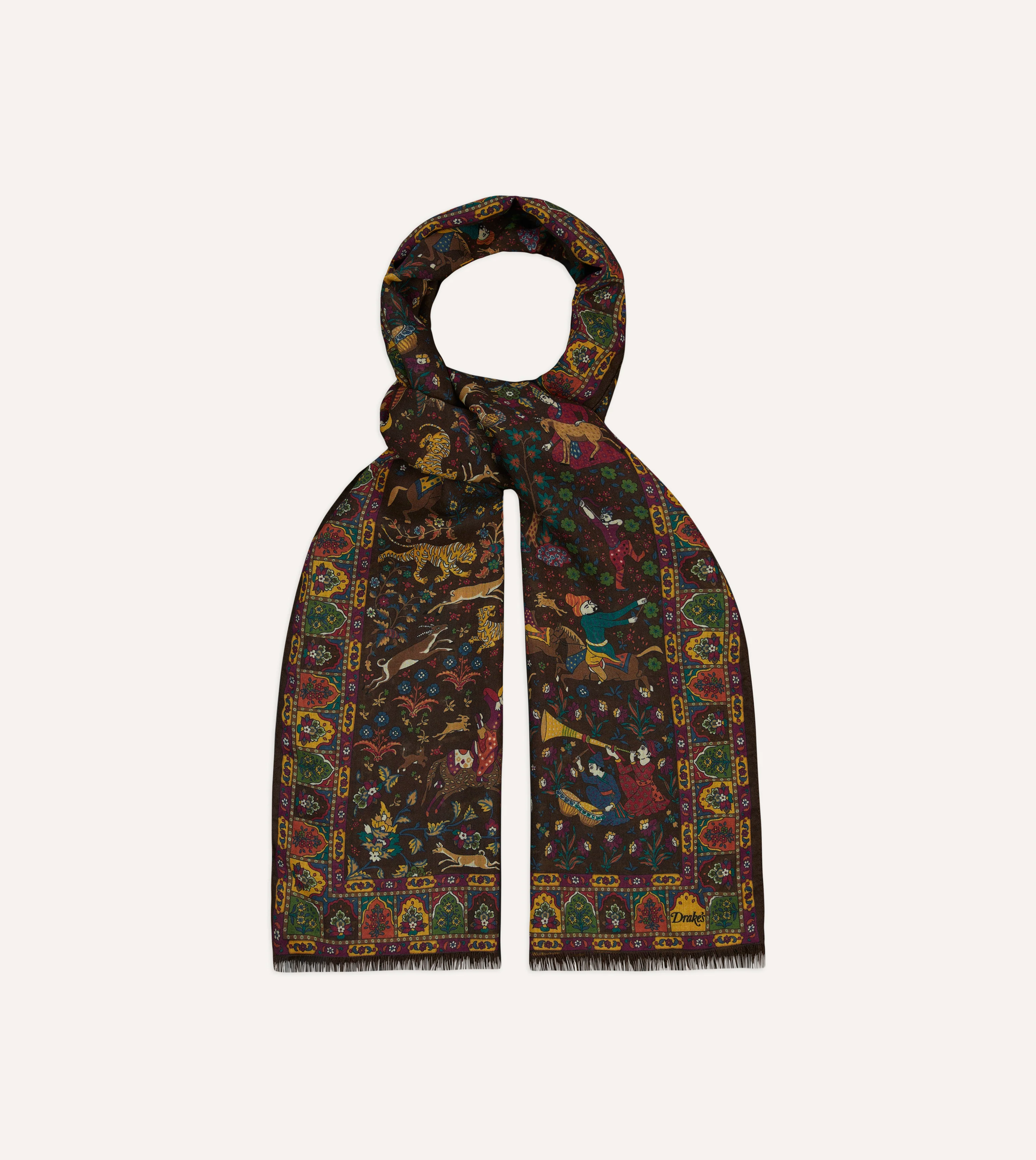 Brown Mughal Hunter Print Wool-Silk Scarf - Image 3