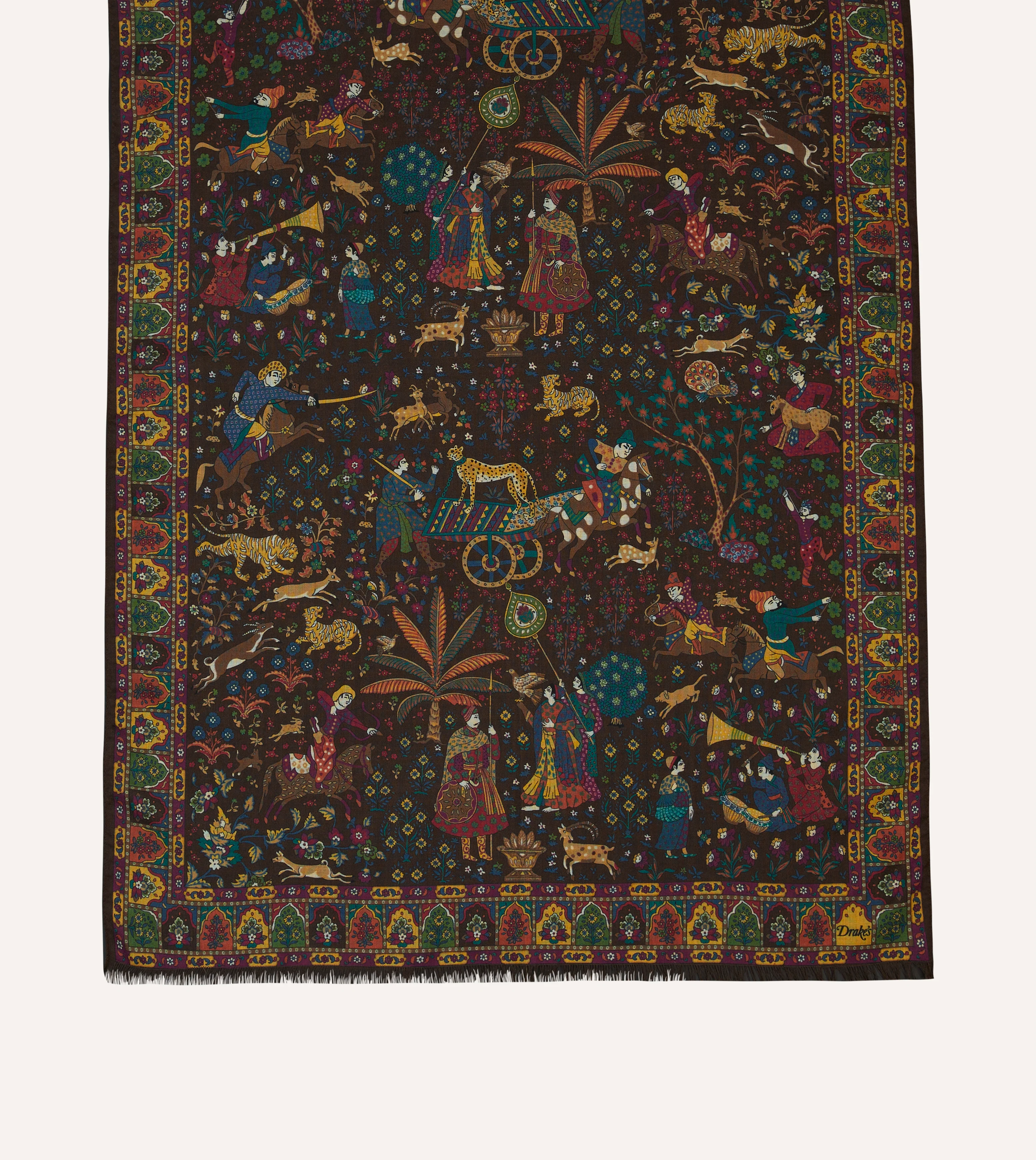 Brown Mughal Hunter Print Wool-Silk Scarf - Image 4