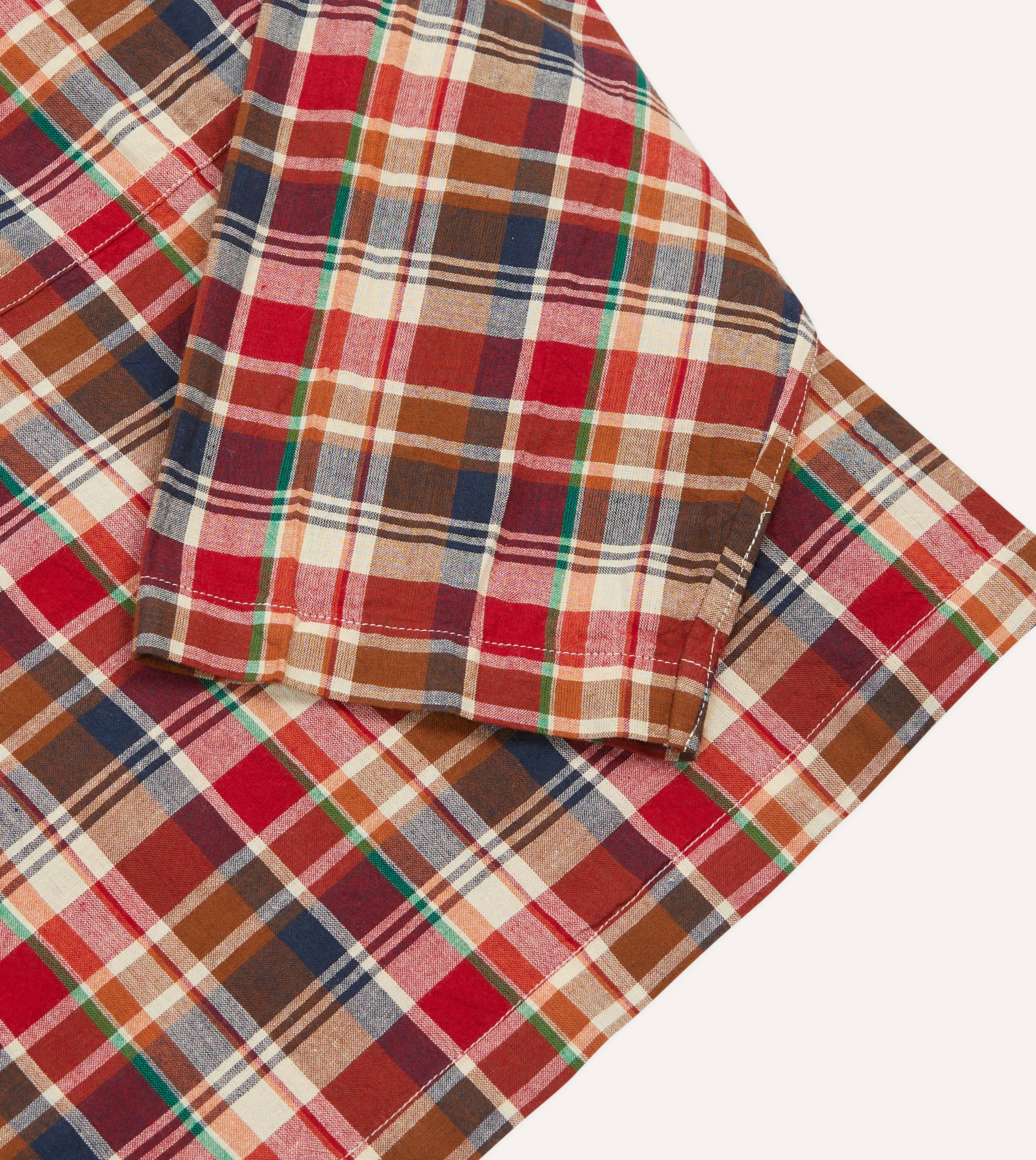 Brown, Navy and Red Madras Check Cotton Mandarin Collar Popover Shirt - Image 5