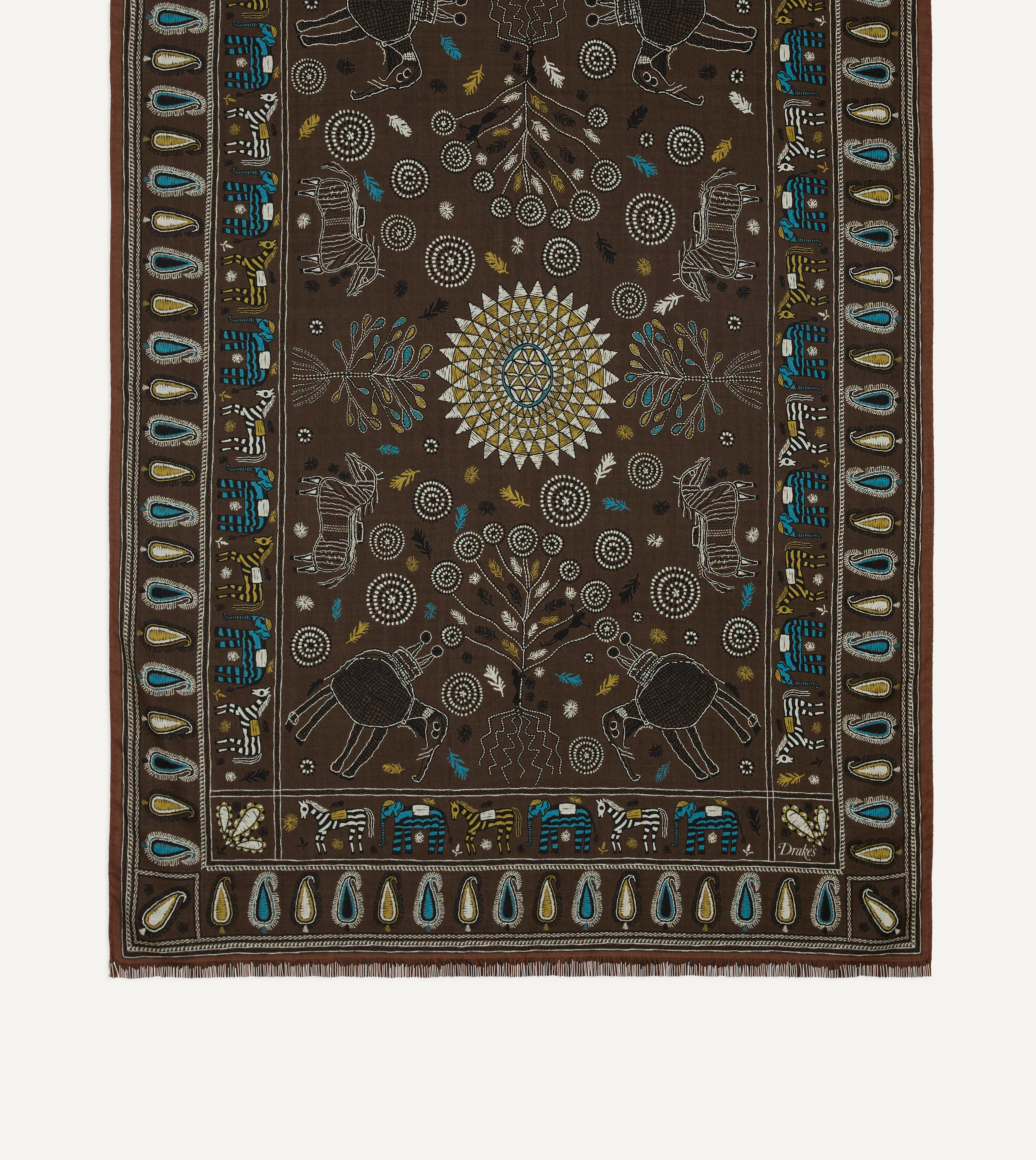 Brown Rustic Elephant Print Wool-Silk Scarf - Image 3