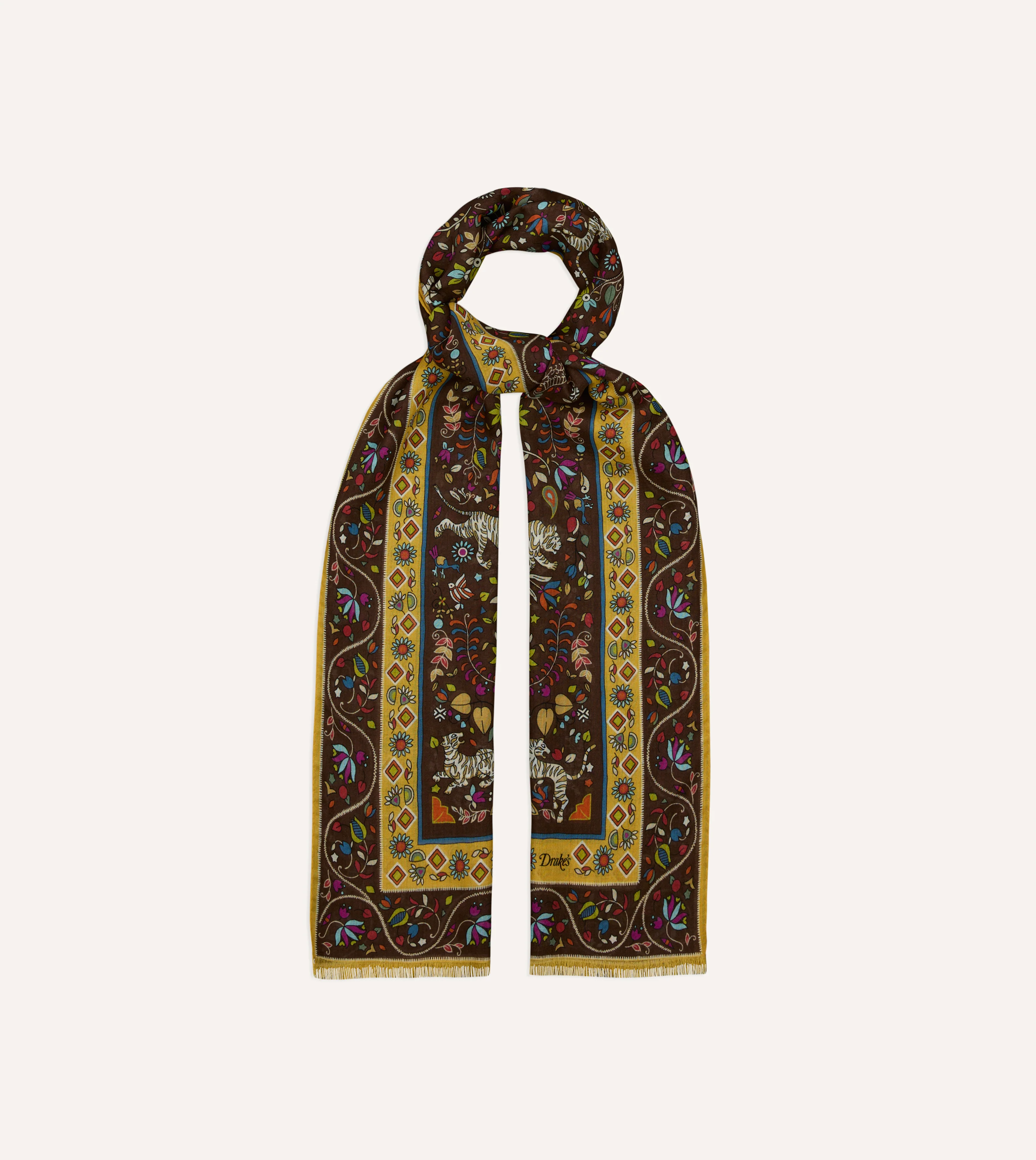Brown Tiger Garden Print Wool Silk Scarf - Image 4