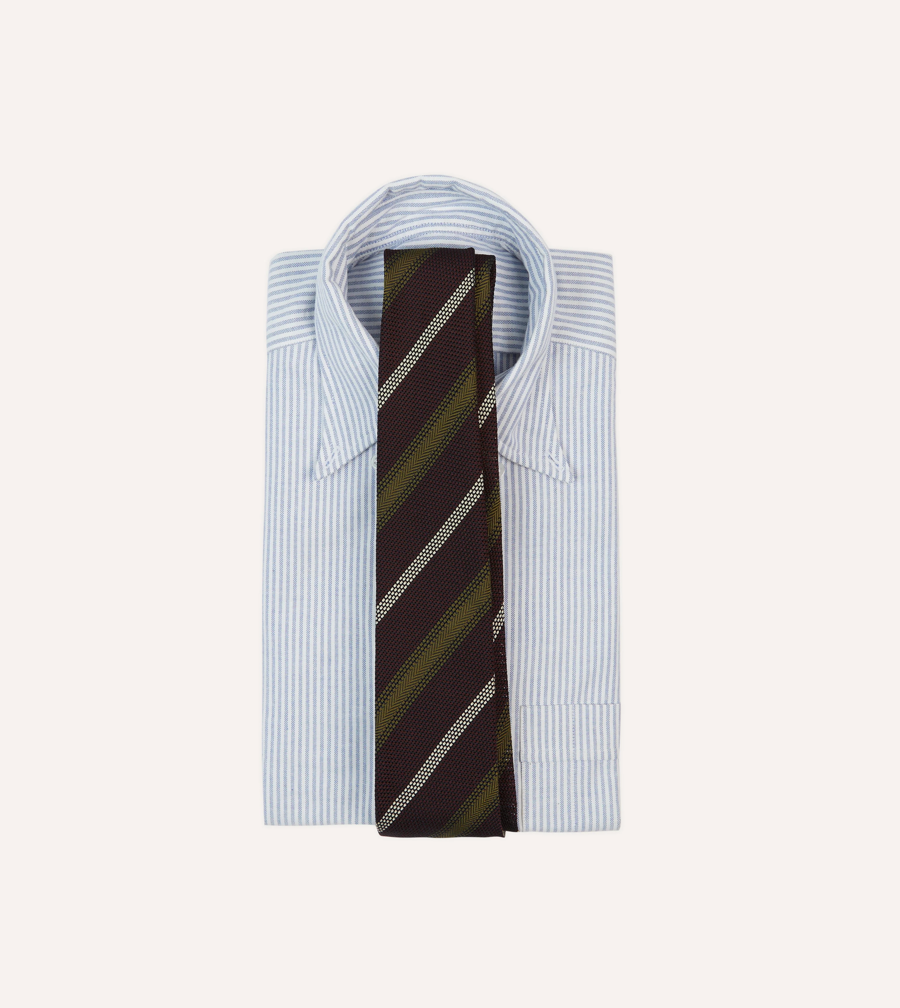 Burgundy, Olive and Ecru Stripe Hand Rolled Silk Grenadine Tie - Image 2
