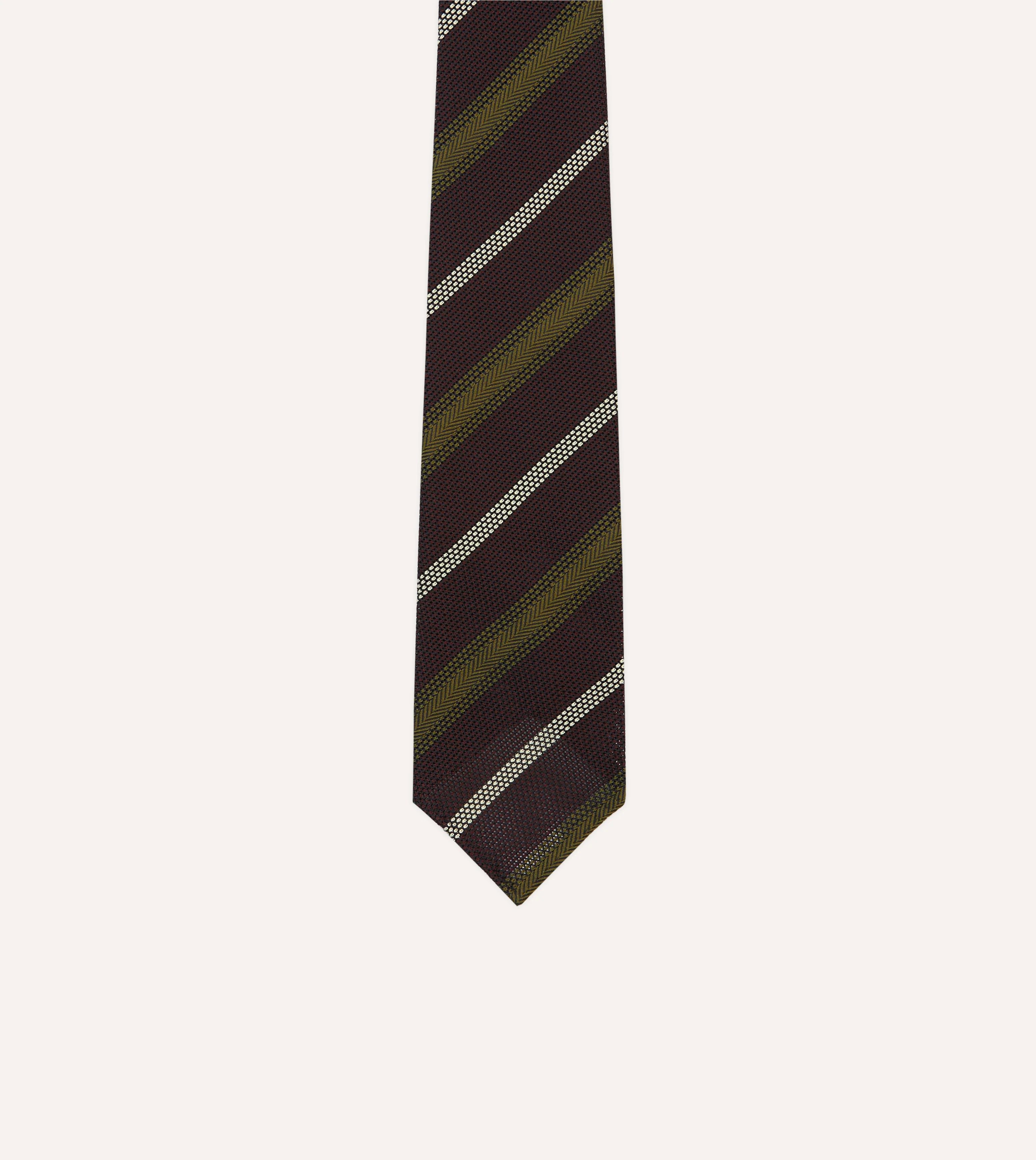 Burgundy, Olive and Ecru Stripe Hand Rolled Silk Grenadine Tie - Image 3