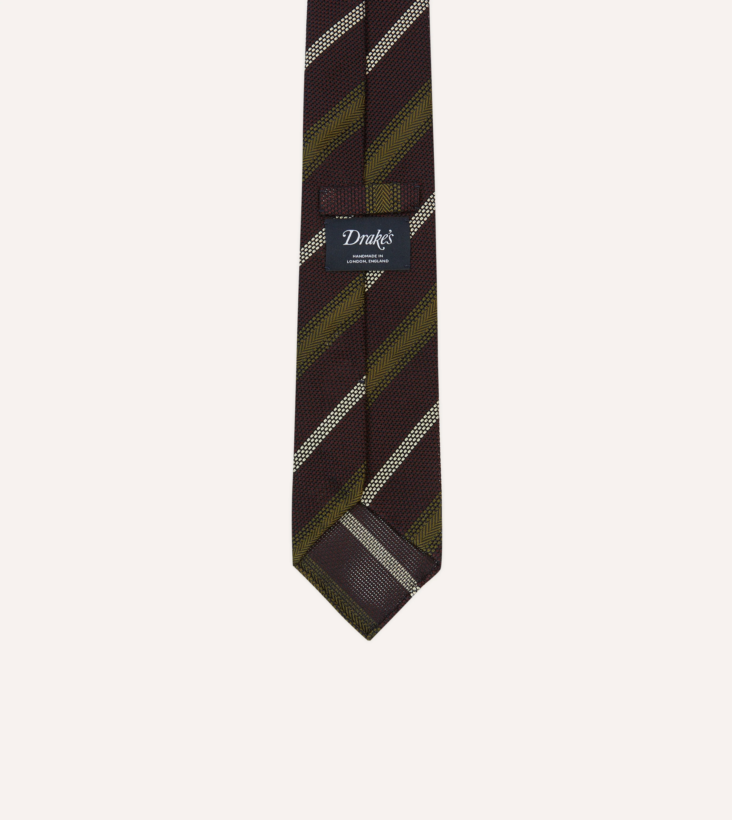 Burgundy, Olive and Ecru Stripe Hand Rolled Silk Grenadine Tie - Image 4
