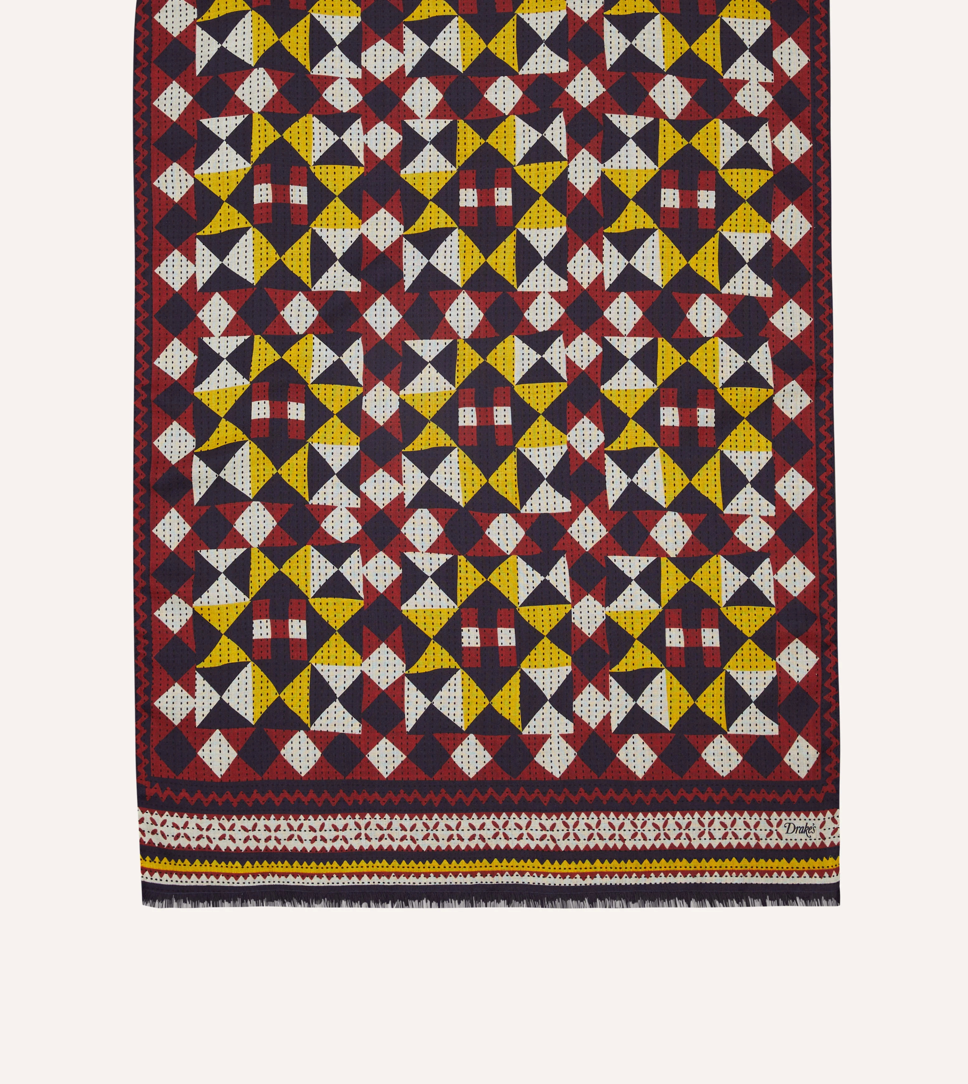 Red and Yellow Patchwork Print Wool-Silk Scarf - Image 3
