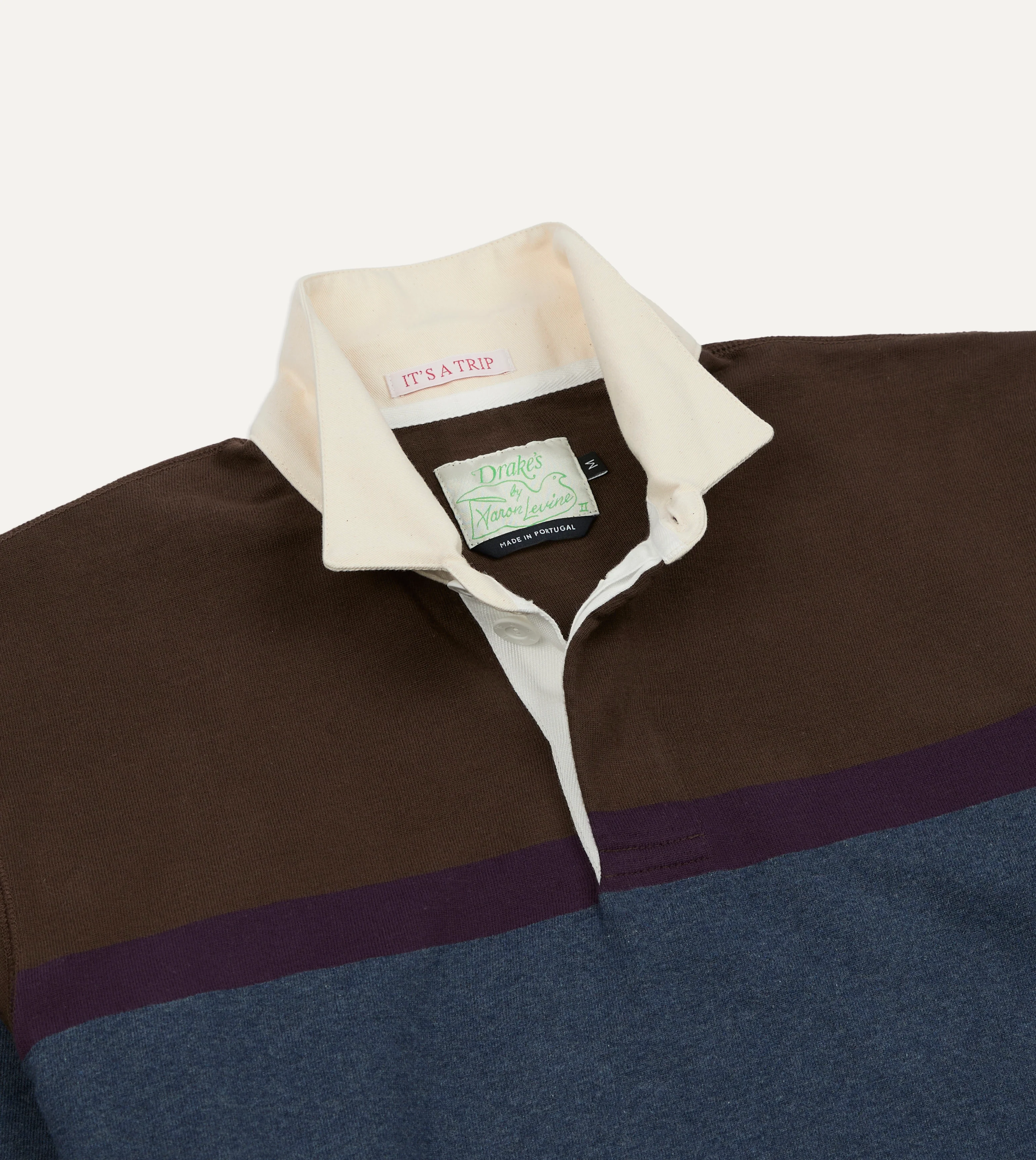 Drake's by A. Levine Brown and Blue Centre Stripe Cotton Rugby Shirt - Image 4