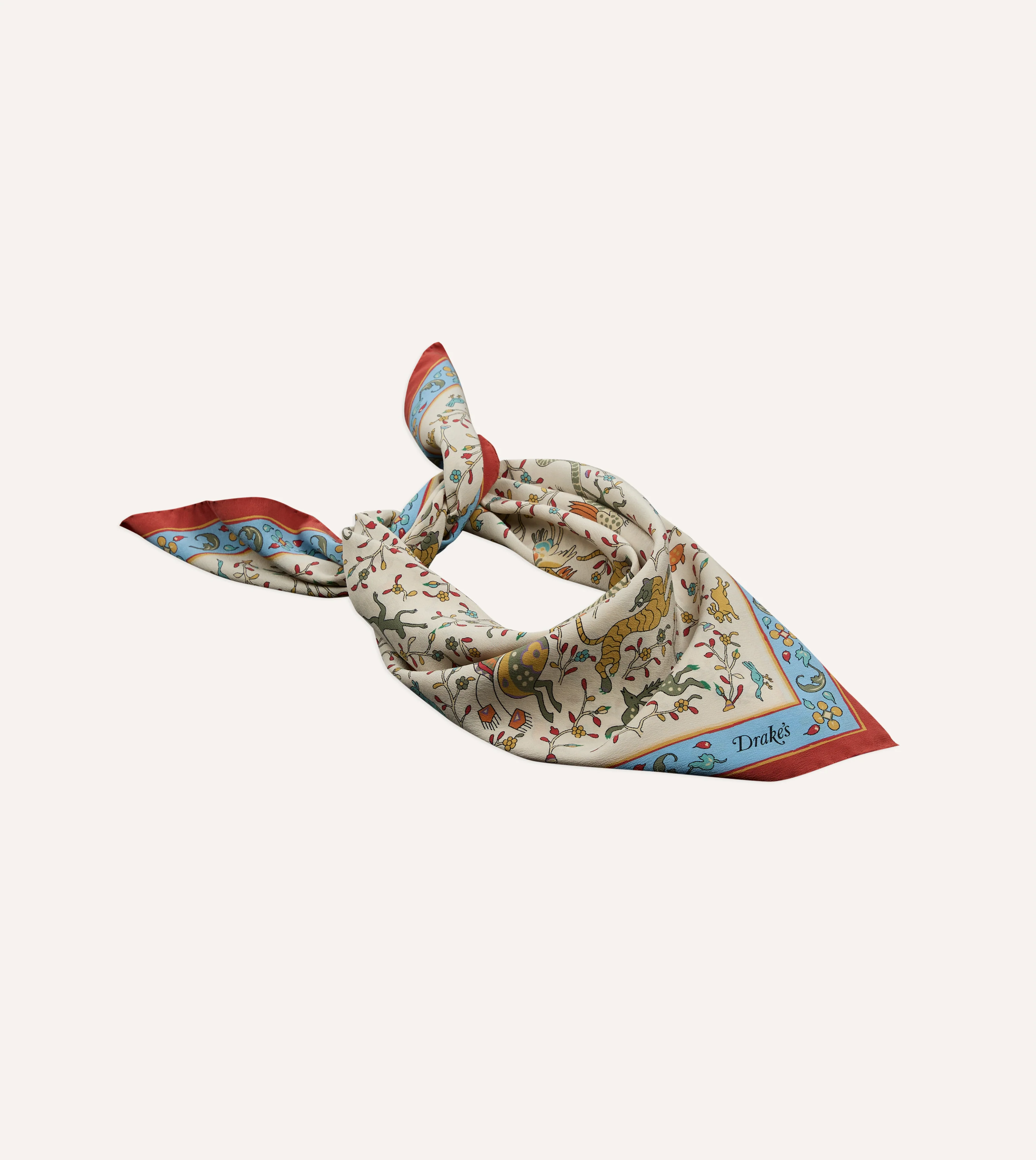 Ecru Animals and Flowers Print Silk Bandana - Image 5