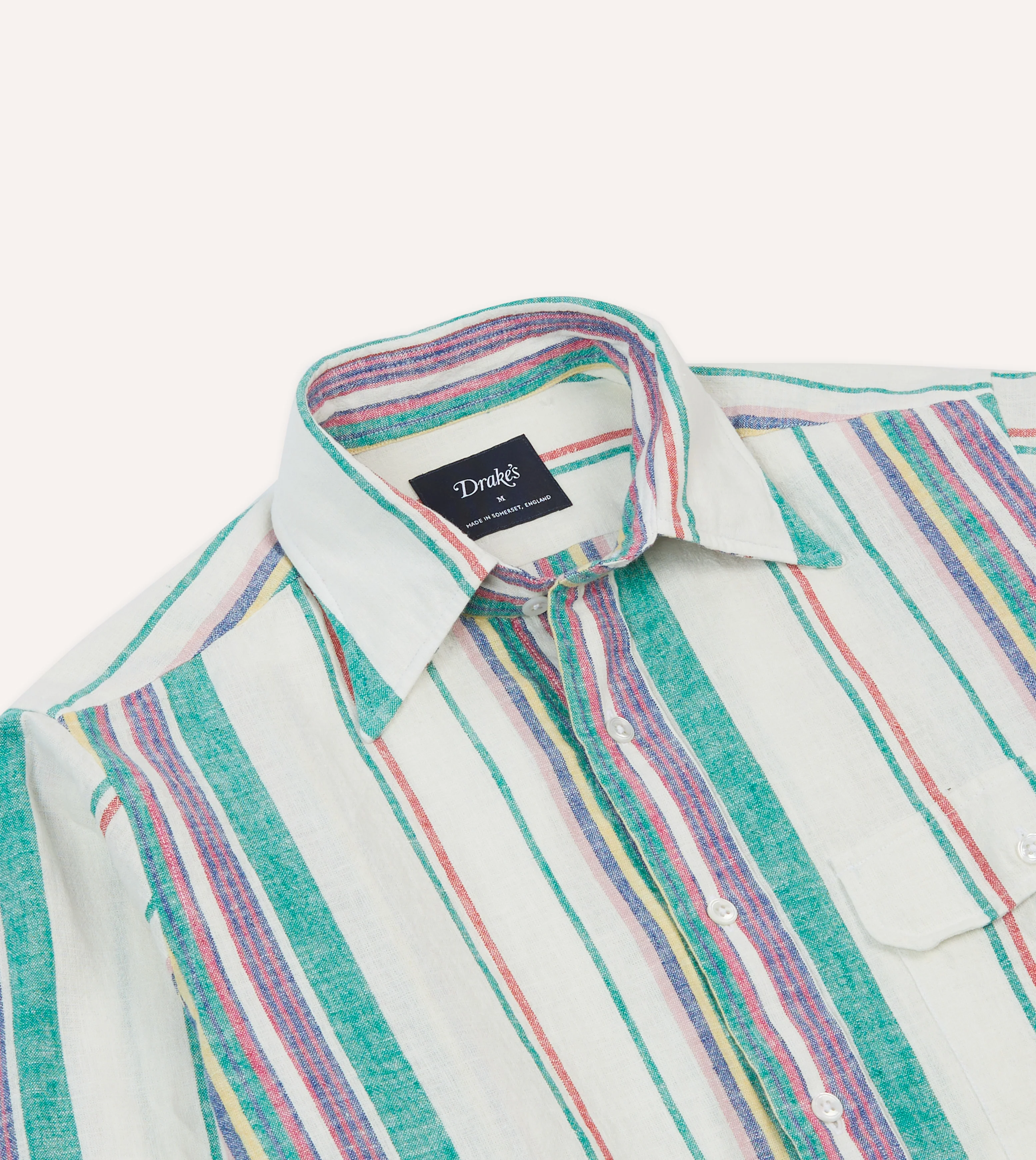 Ecru, Purple and Green Stripe Linen-Cotton Long Point Collar Shirt - Image 3