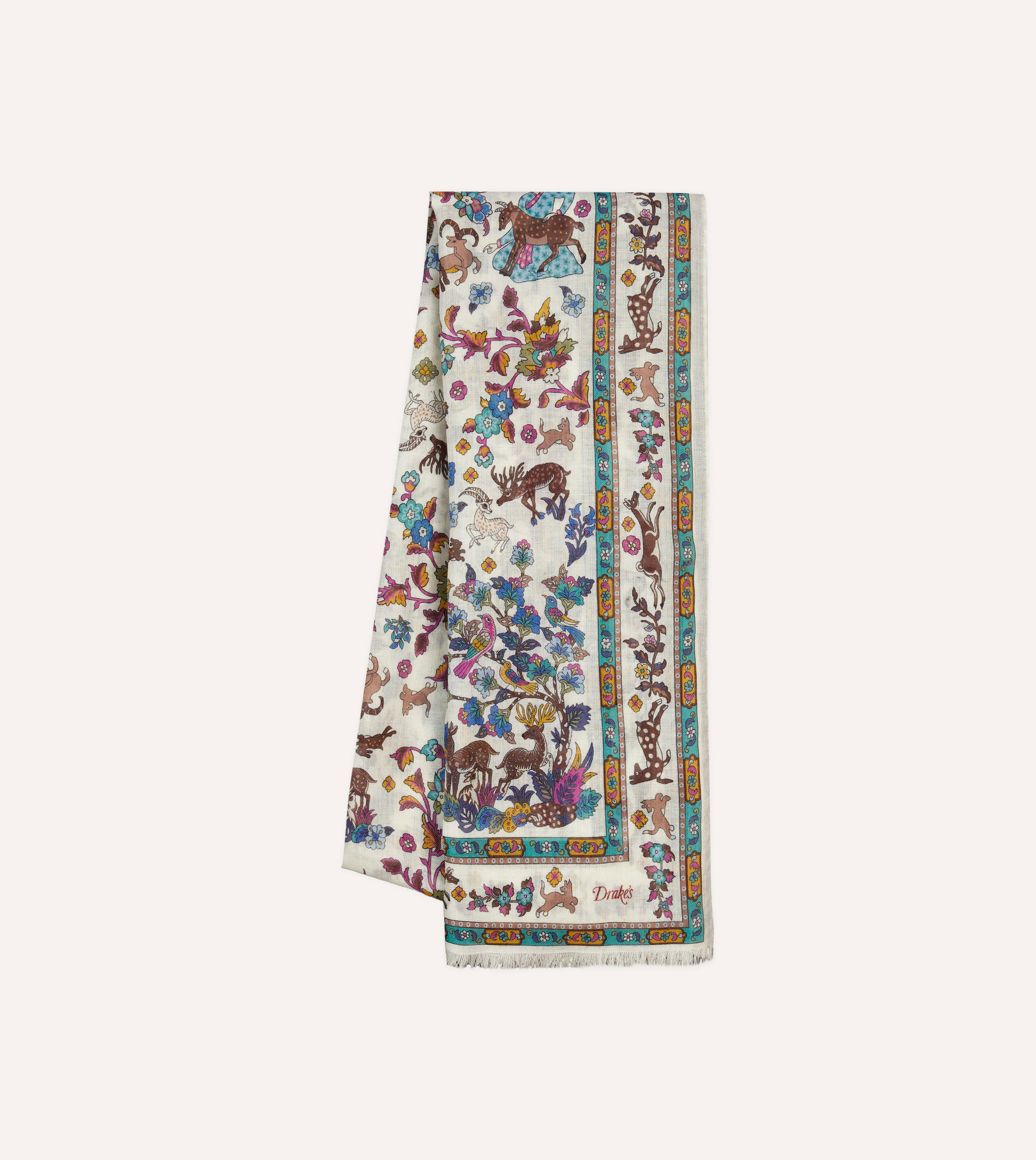 Ecru Summer Mughal Print Wool Silk Scarf