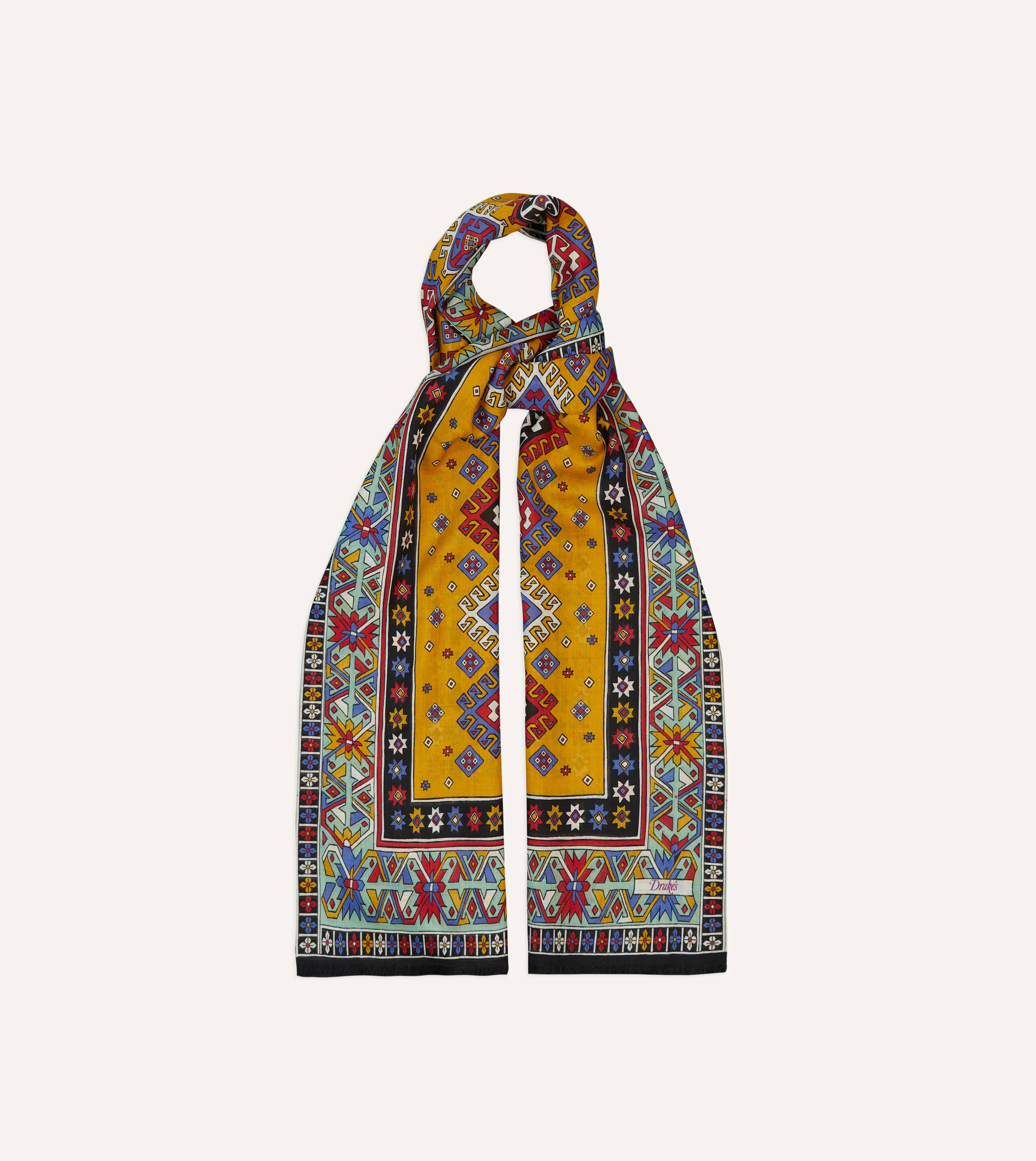 Gold and Green Kilim Print Tubular Wool Silk Scarf - Image 4