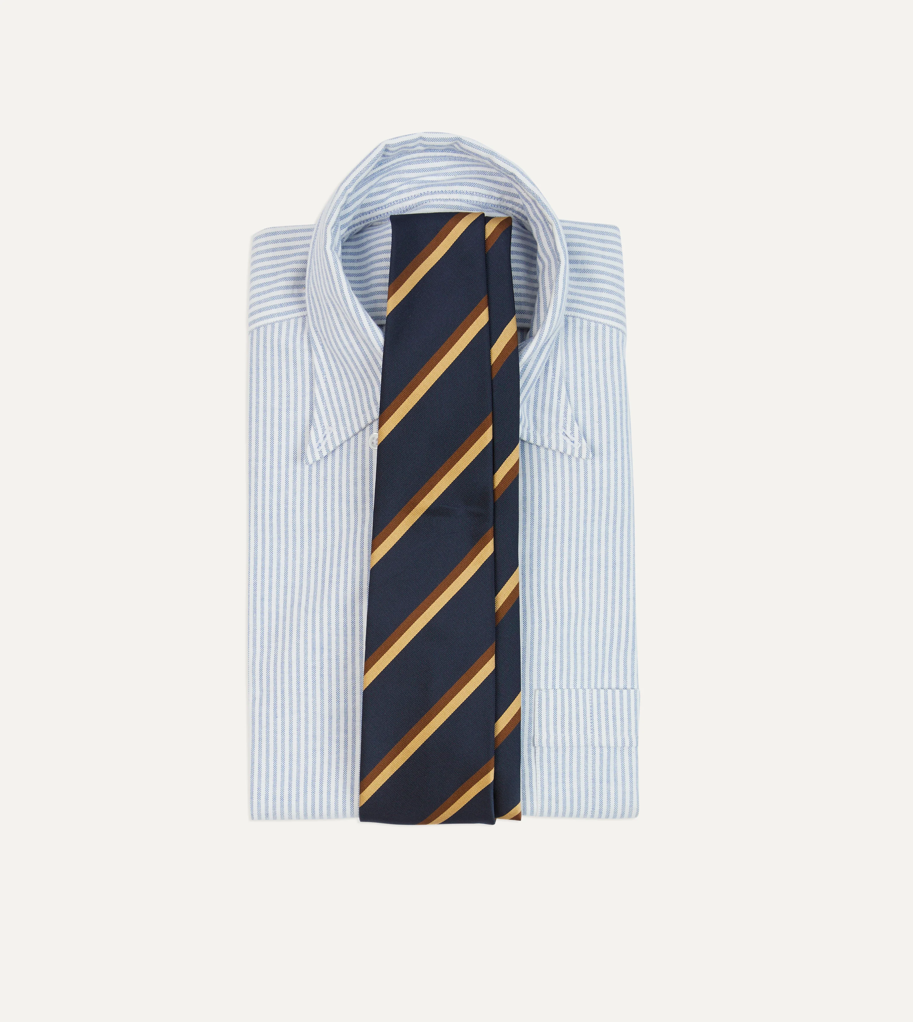 Gold, Navy and Brown Double Stripe Mogador Silk Tipped Tie - Image 2