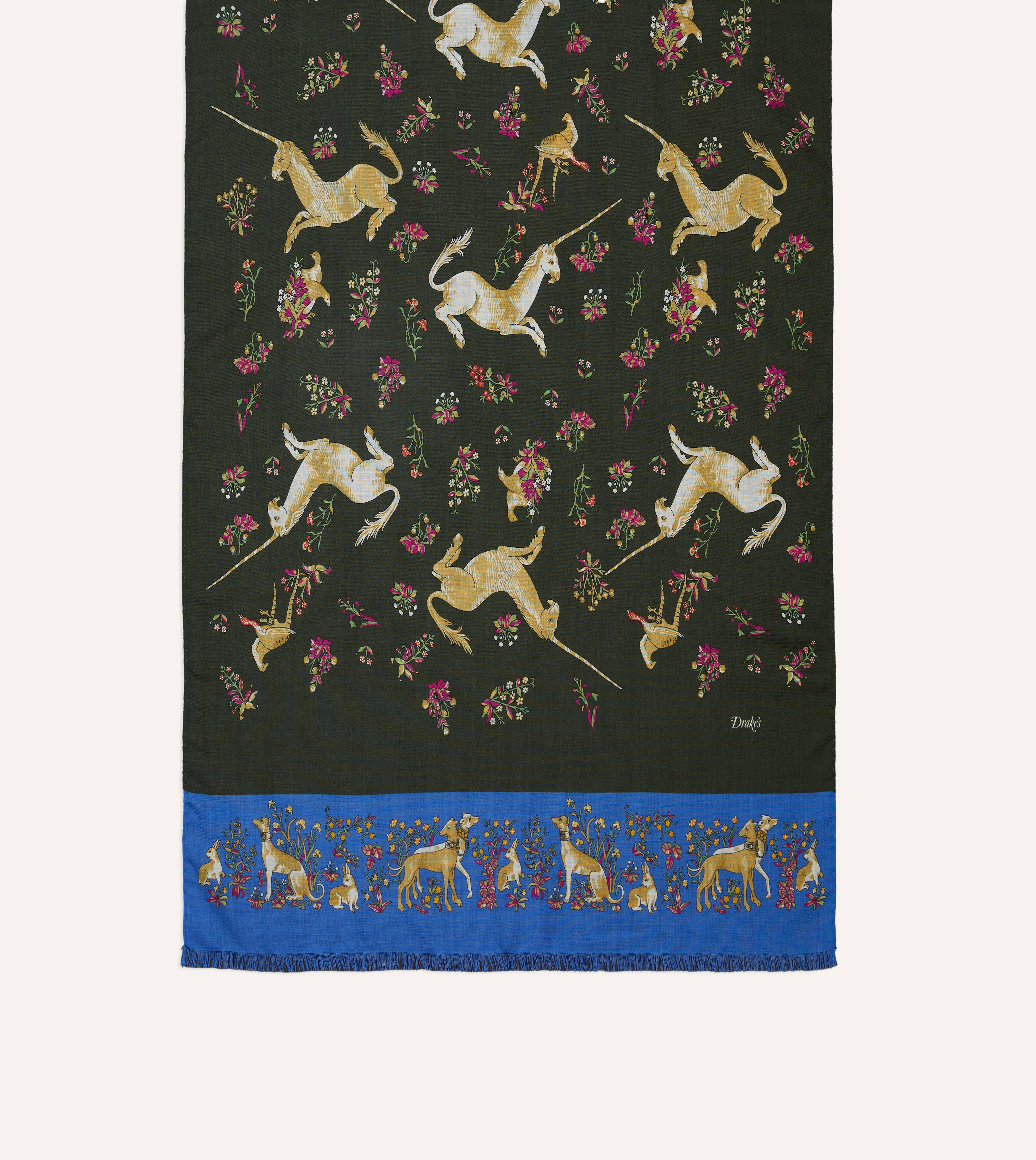 Green and Blue Unicorn Print Tubular Wool Silk Scarf - Image 3