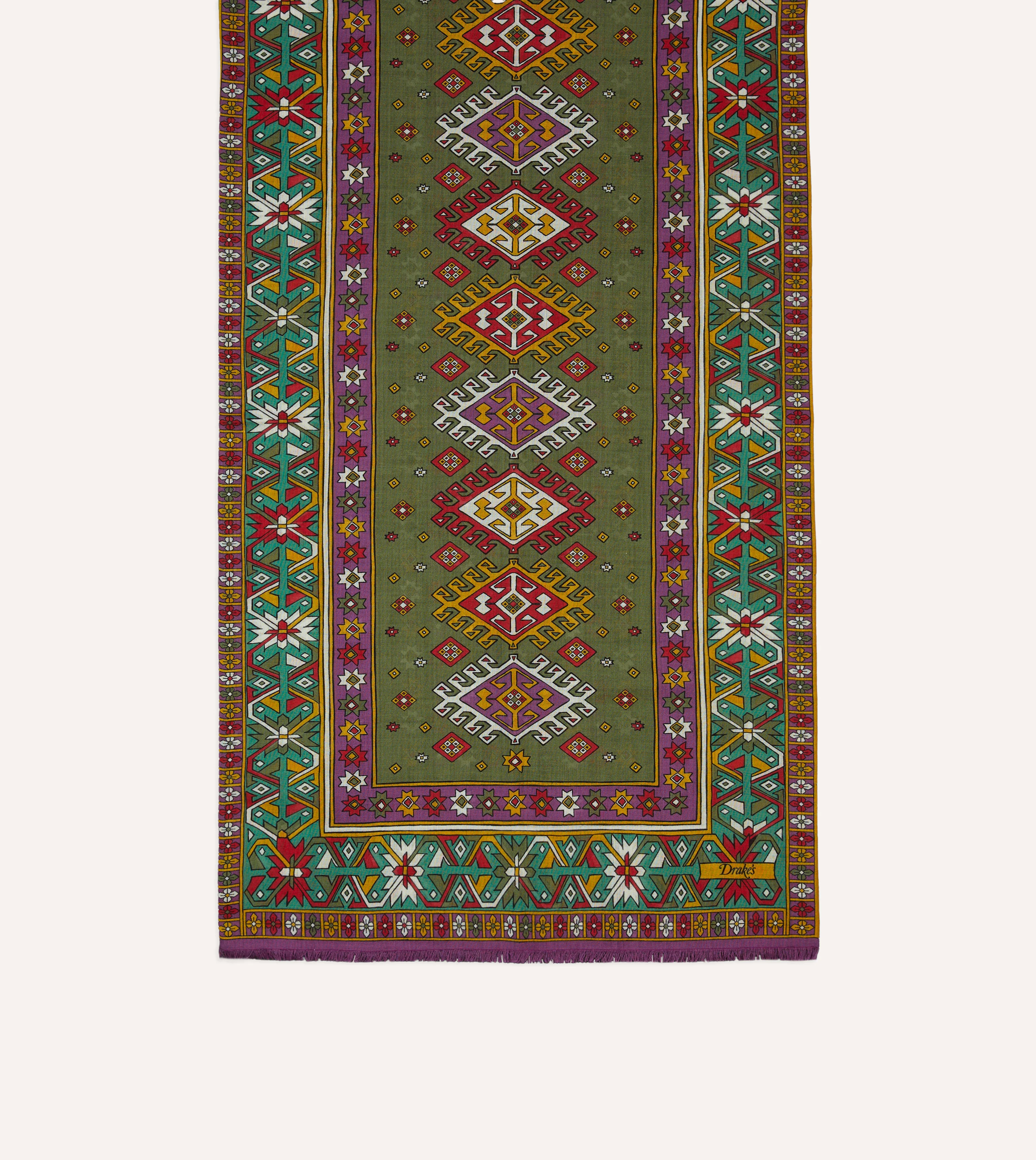 Green and Purple Kilim Print Tubular Wool Silk Scarf - Image 3