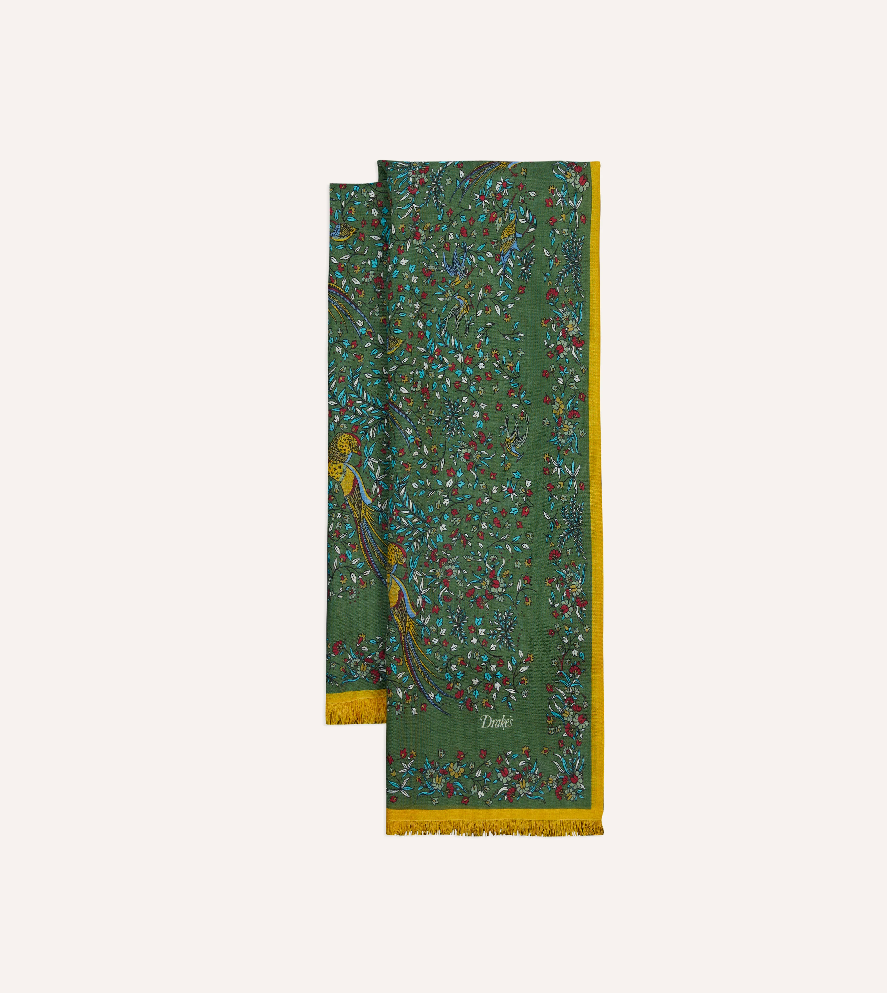 Green Birds of Paradise Print Tubular Wool Silk Scarf