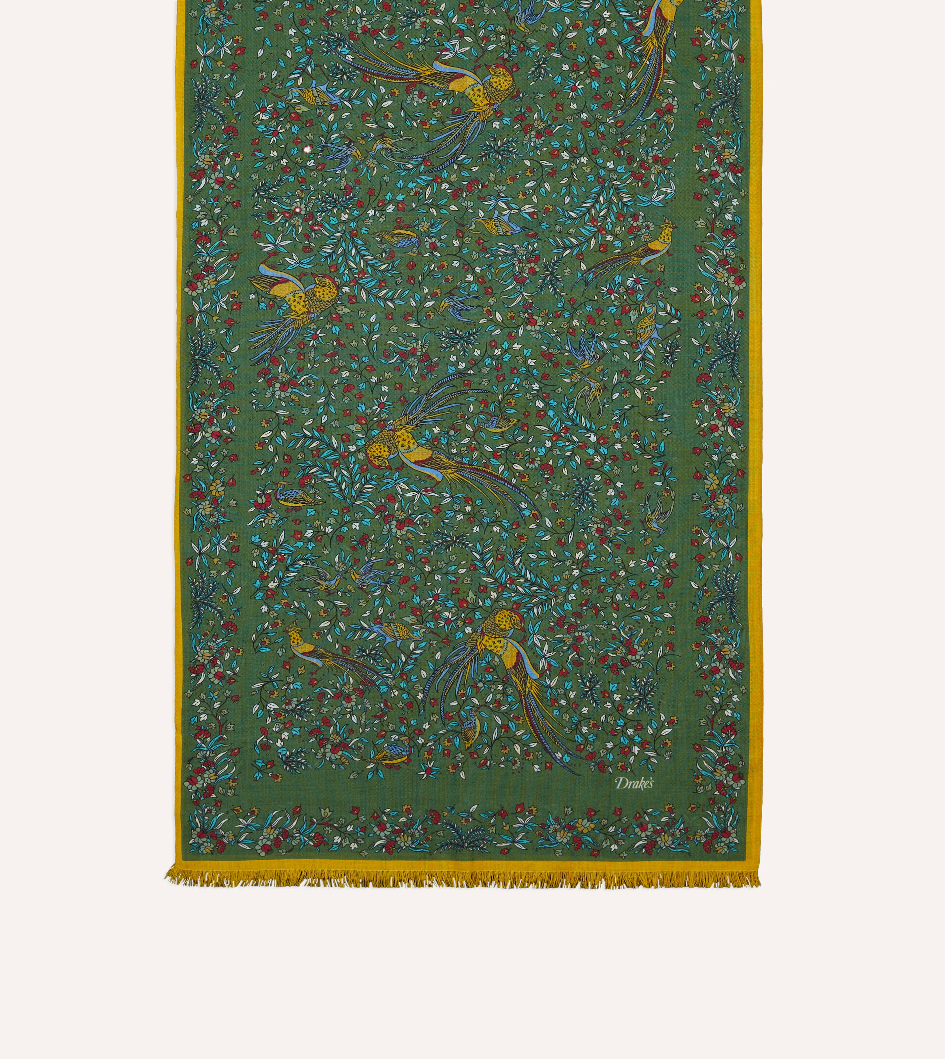 Green Birds of Paradise Print Tubular Wool Silk Scarf - Image 3