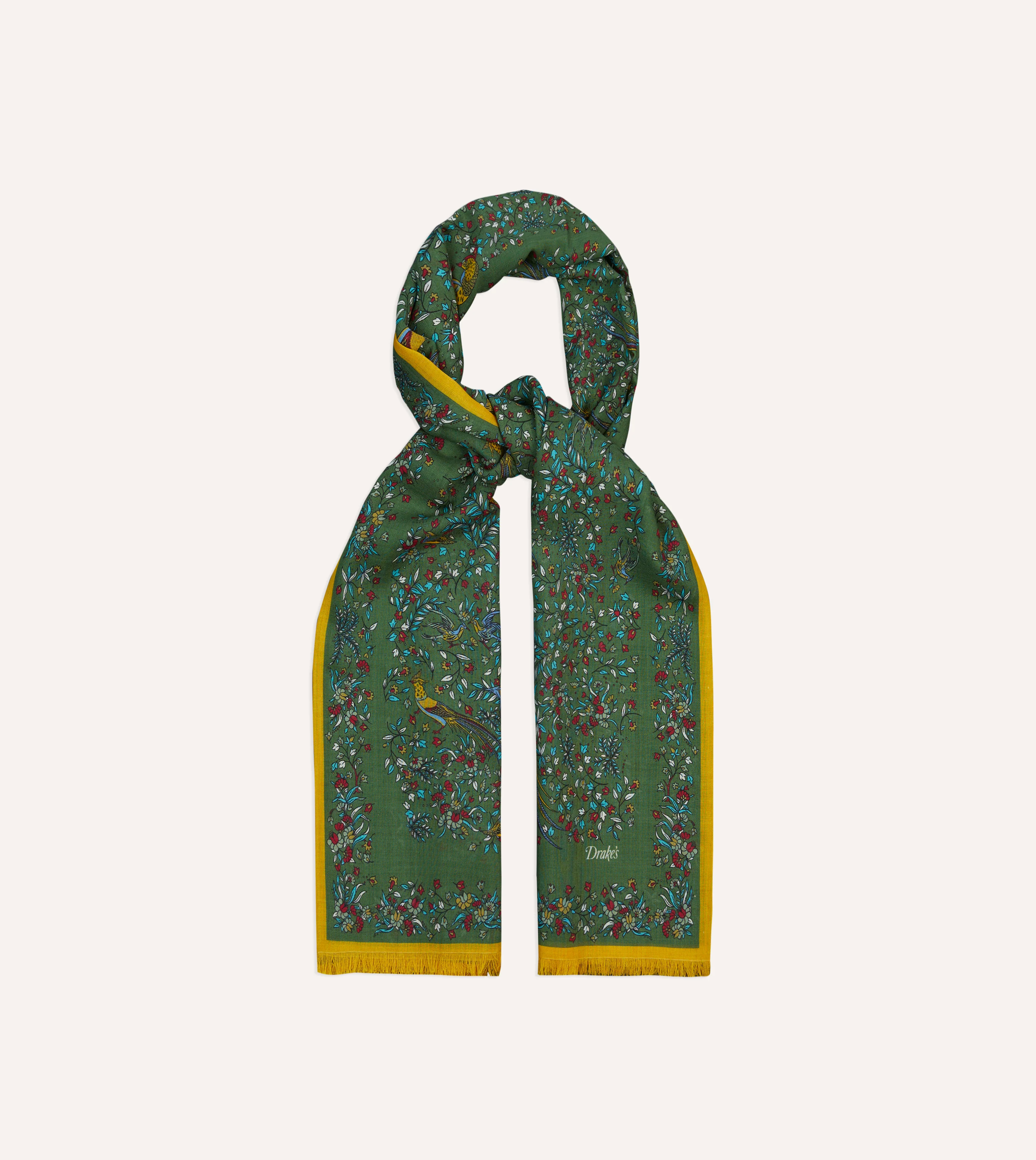 Green Birds of Paradise Print Tubular Wool Silk Scarf - Image 4