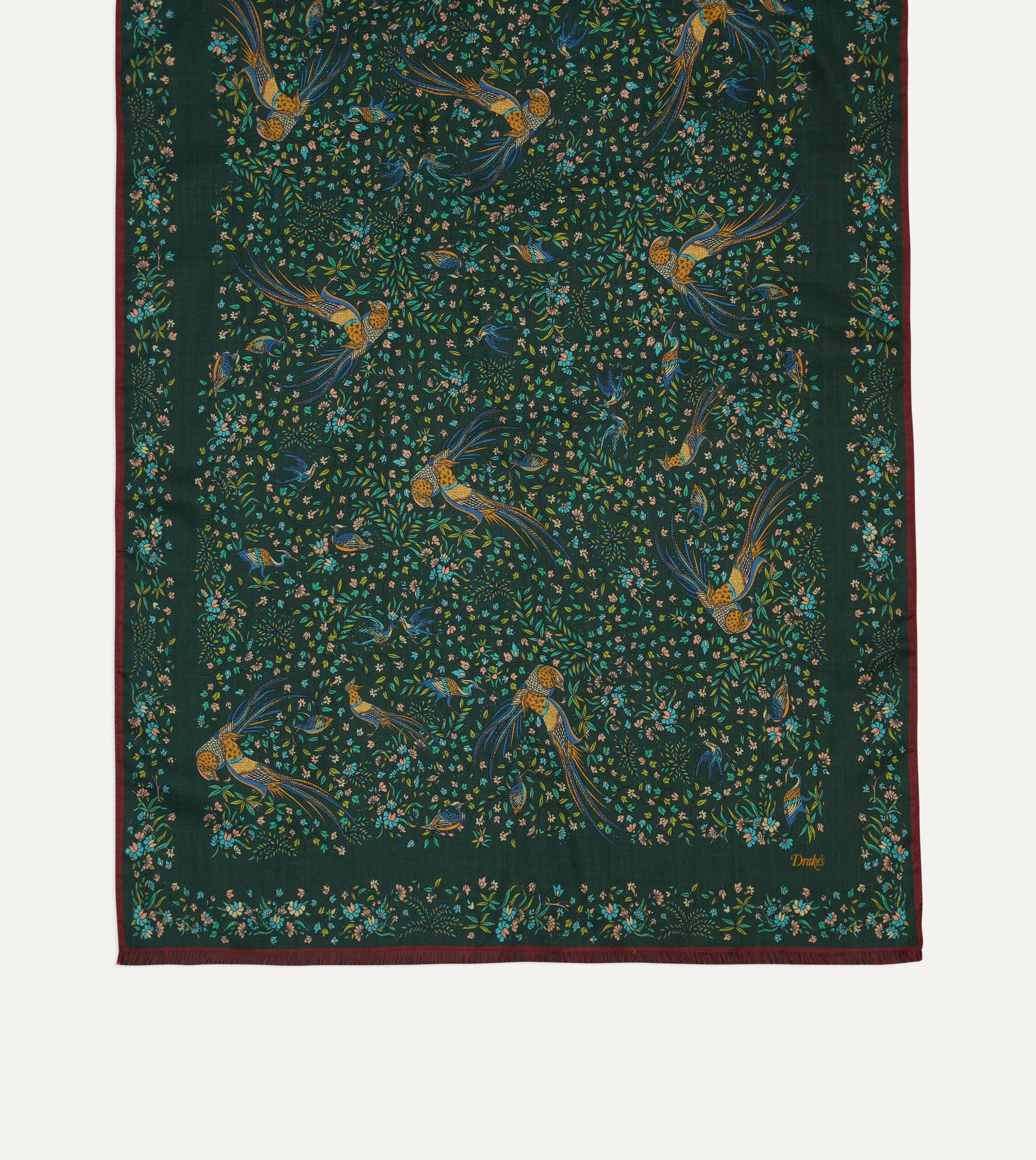Green Floral Birds of Paradise Print Wool-Silk Scarf - Image 3