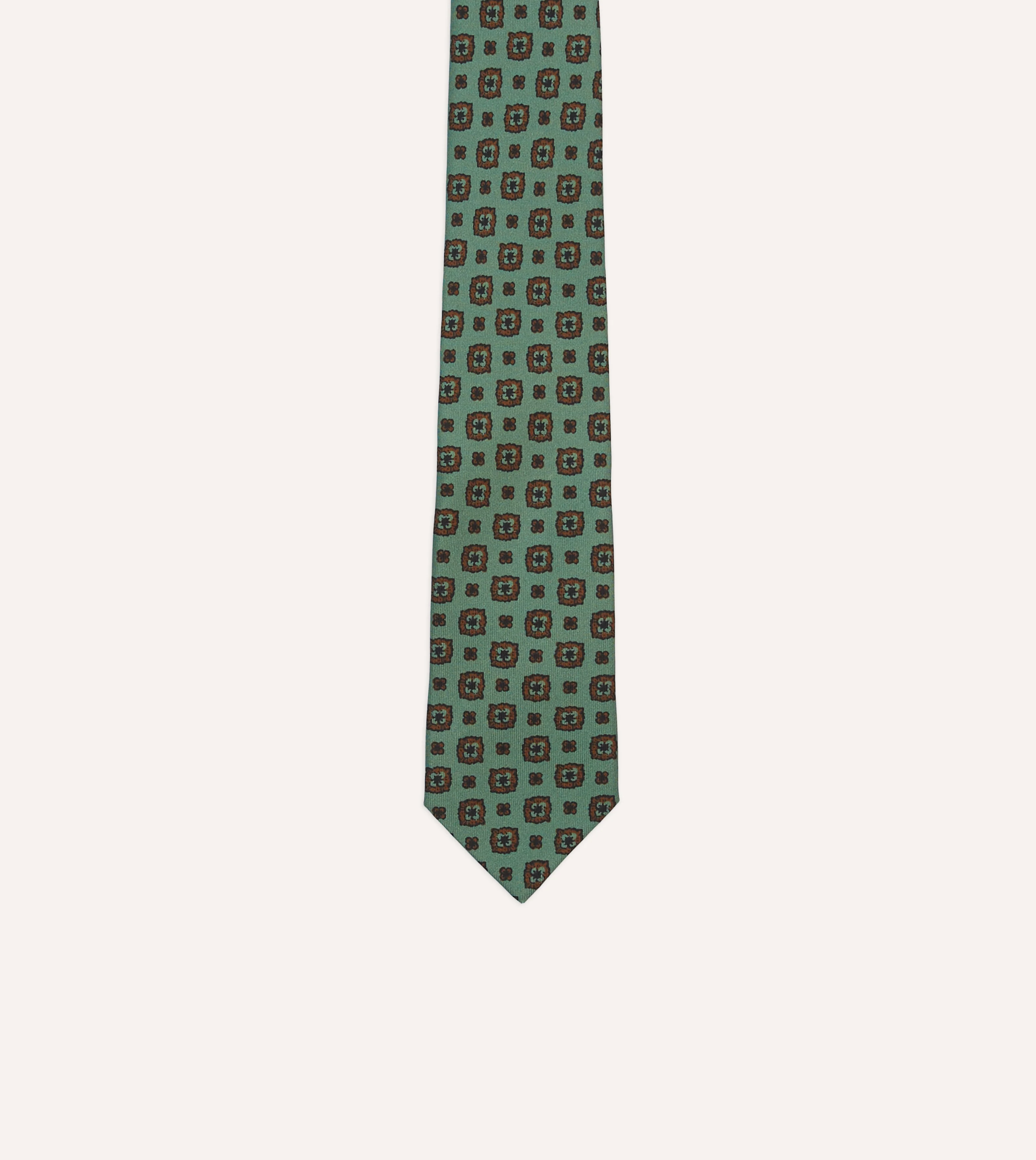 Green Flower Medallion Print Silk Self Tipped Tie - Image 3