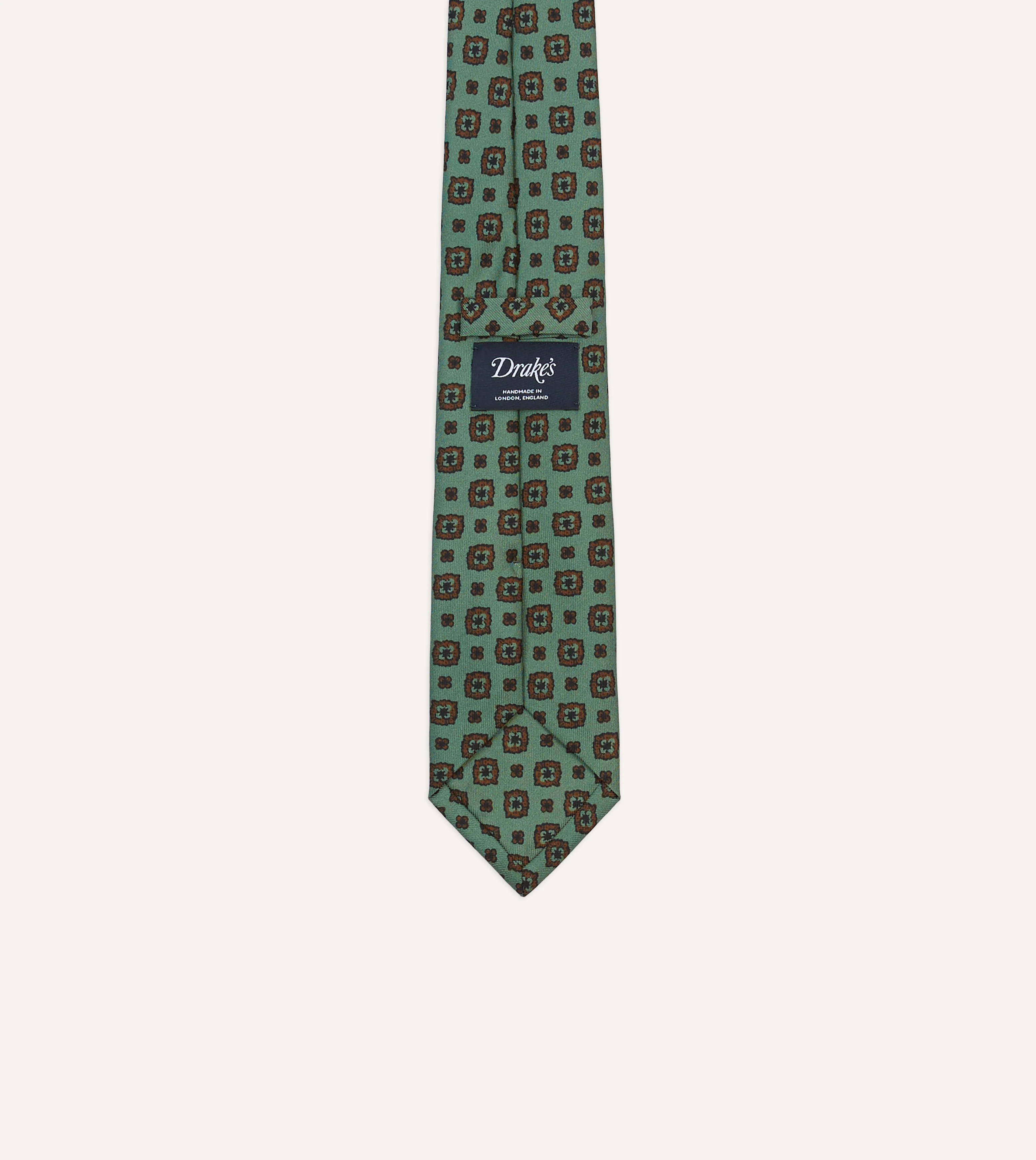Green Flower Medallion Print Silk Self Tipped Tie - Image 4
