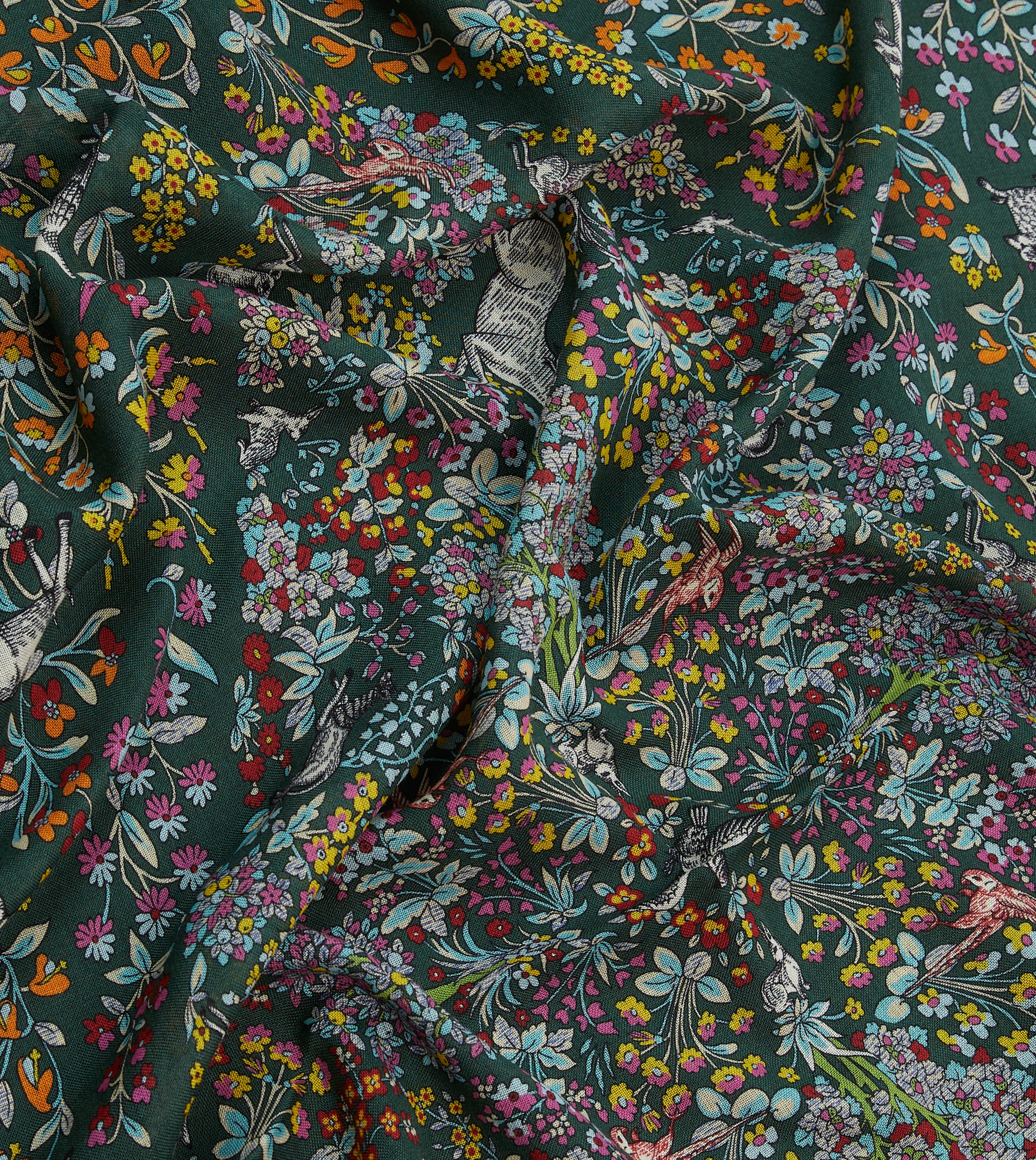 Green Forest Animals Print Wool-Silk Scarf - Image 2