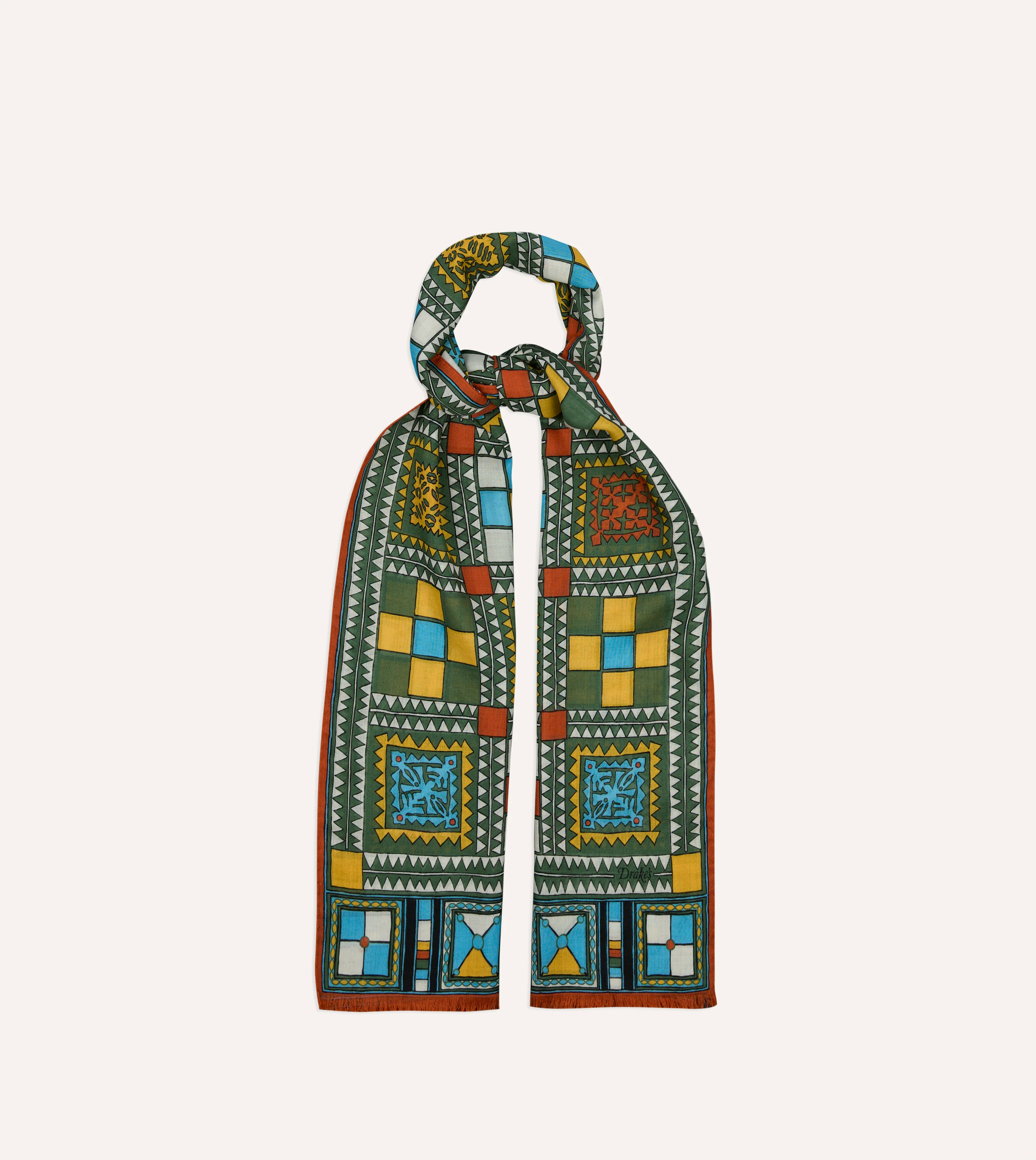 Green Geometric Print Wool Silk Scarf - Image 3