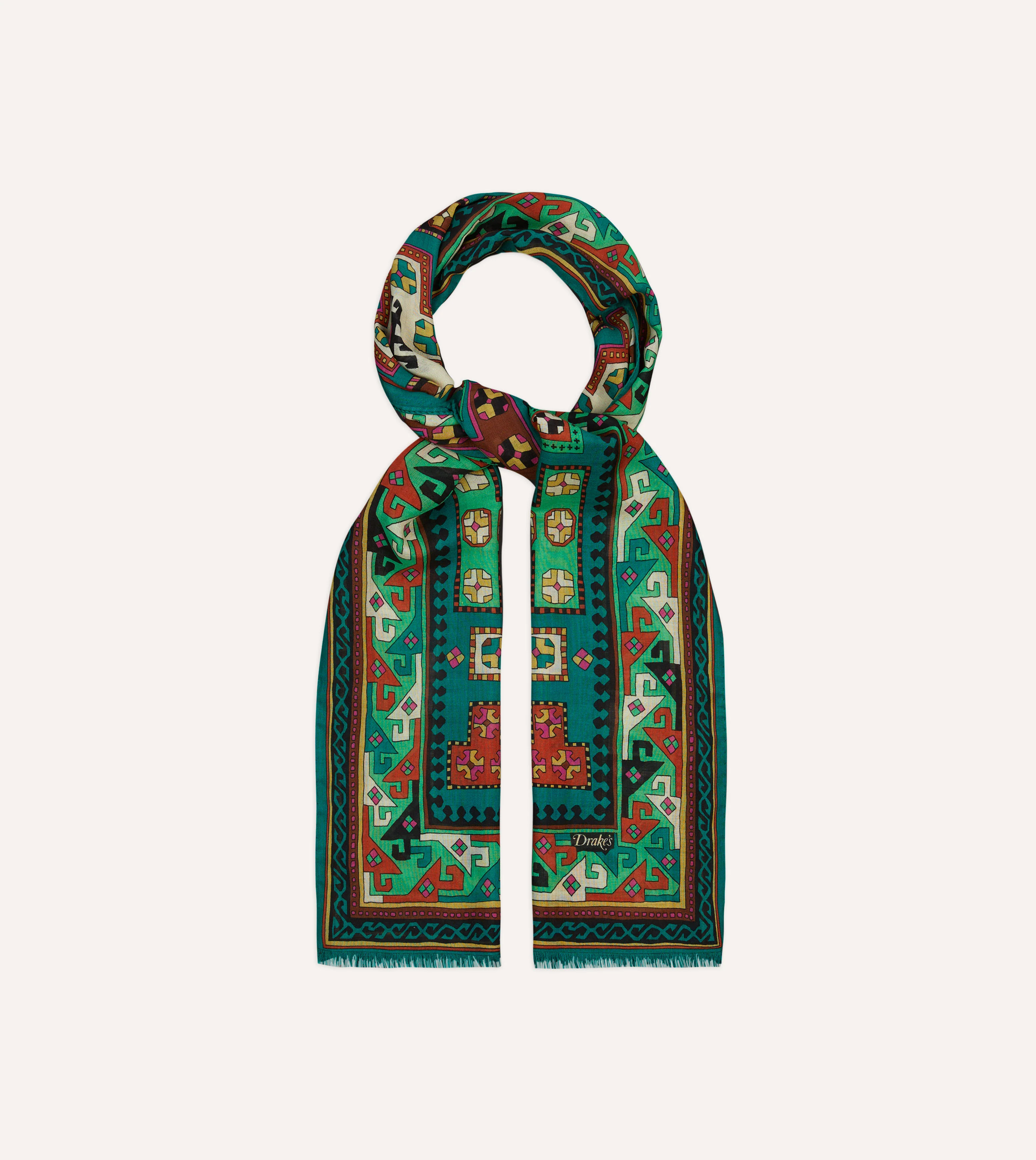 Green Kilim Print Wool-Silk Scarf - Image 3