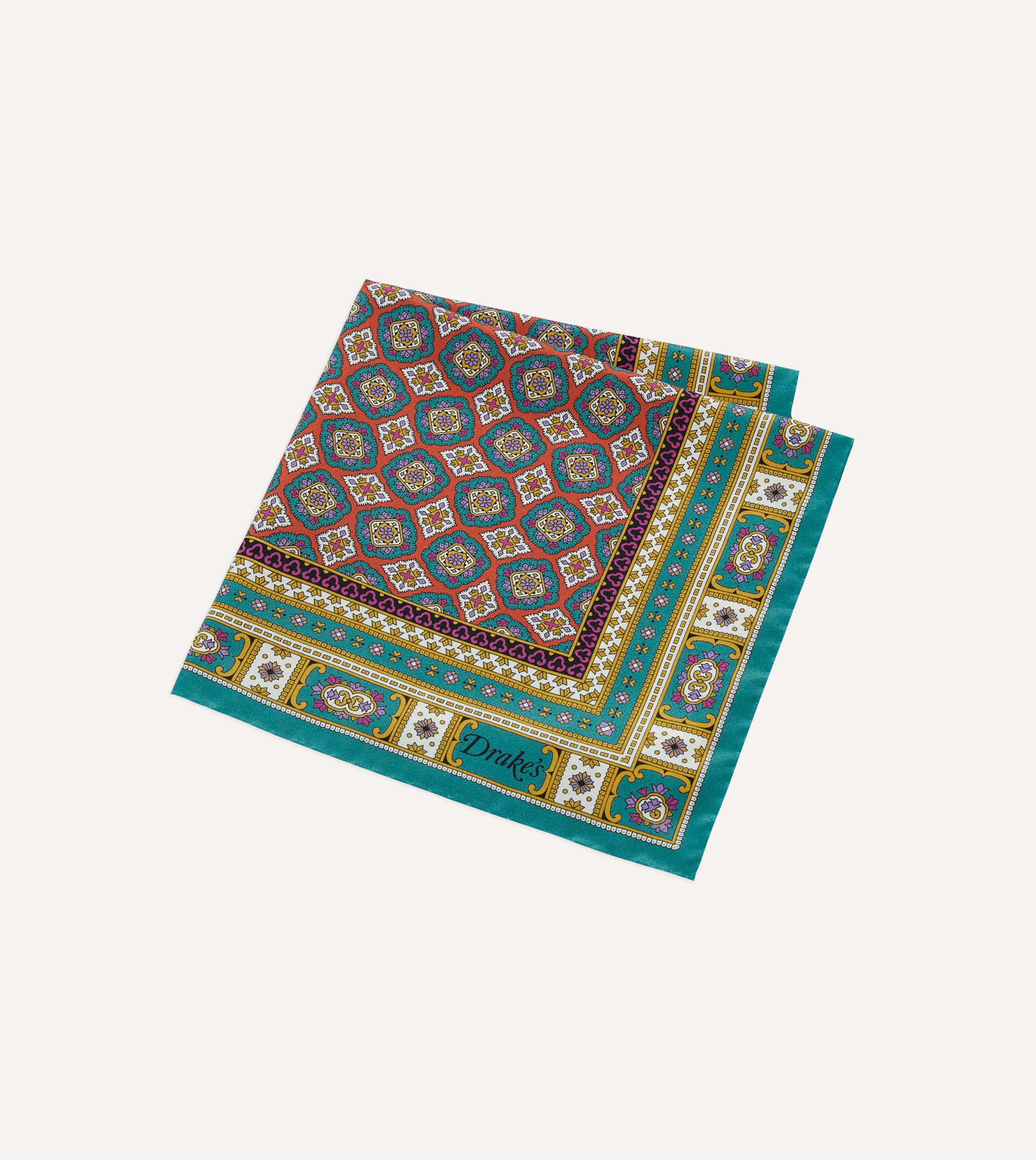Green, Red and Gold Floral Medallion Print Silk Pocket Square - Image 4