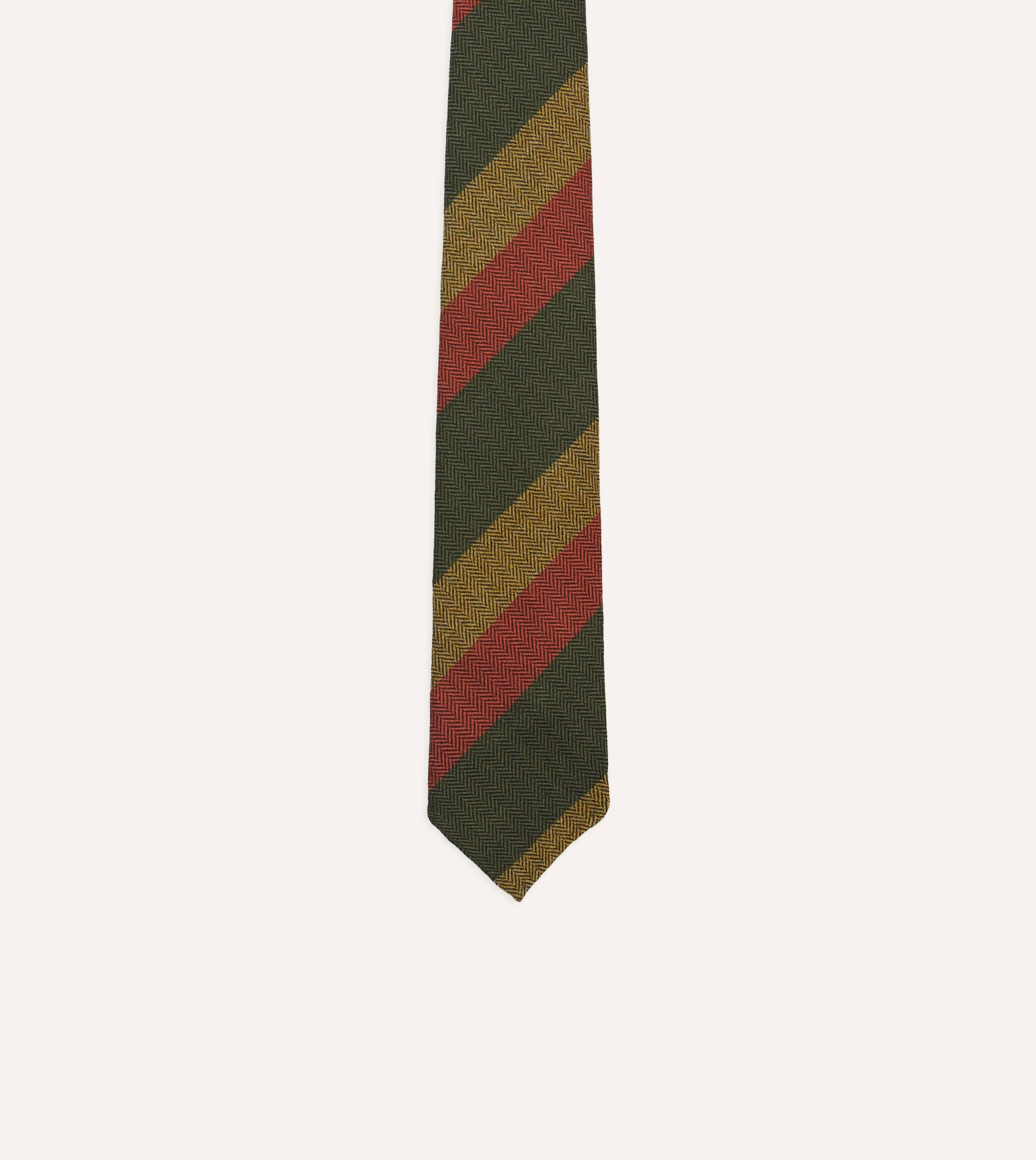 Green, Red and Mustard Block Stripe Hand Rolled Wool Tie - Image 3