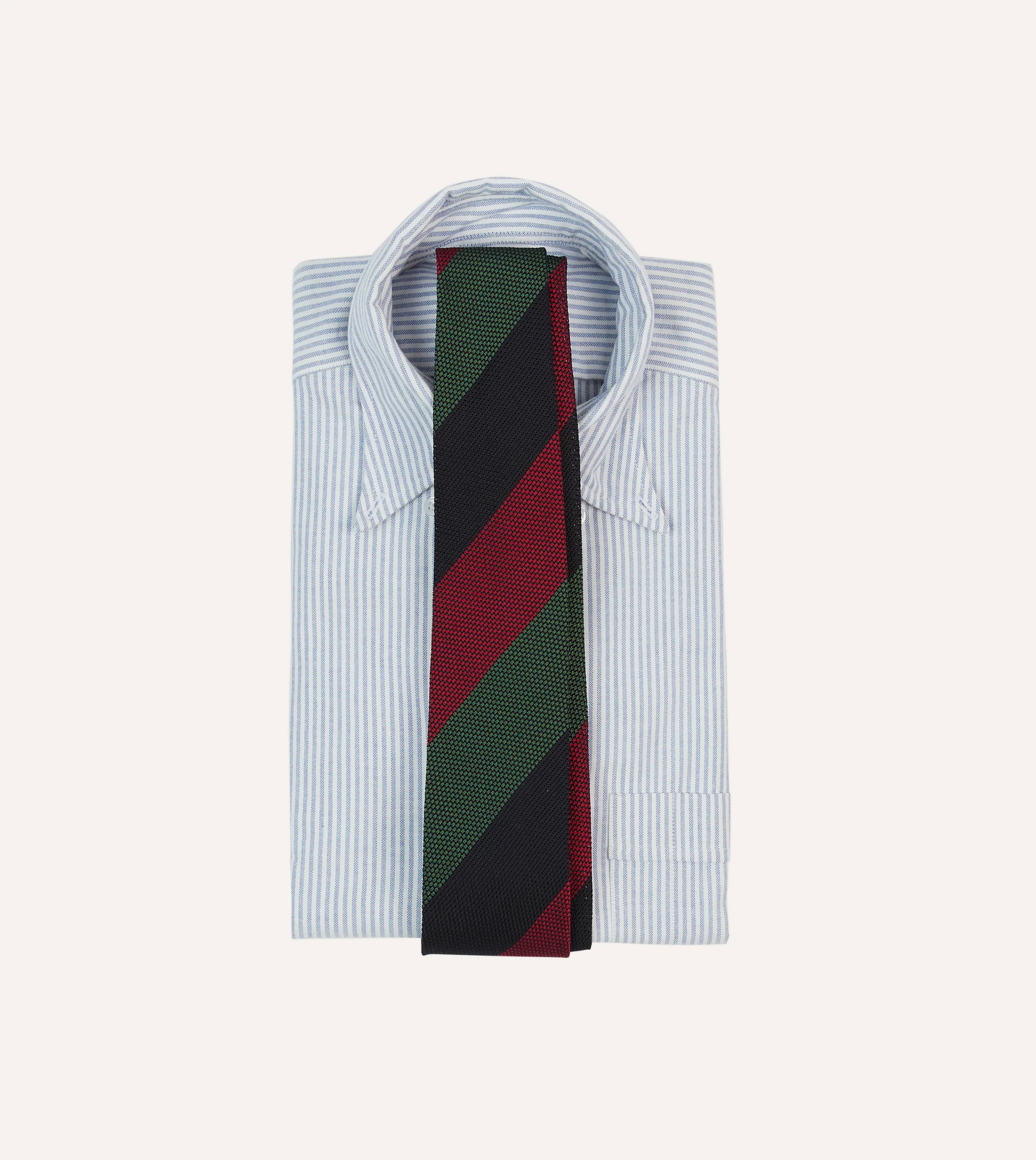 Green, Red and Navy Wide Stripe Hand Rolled Silk Grenadine Tie - Image 2