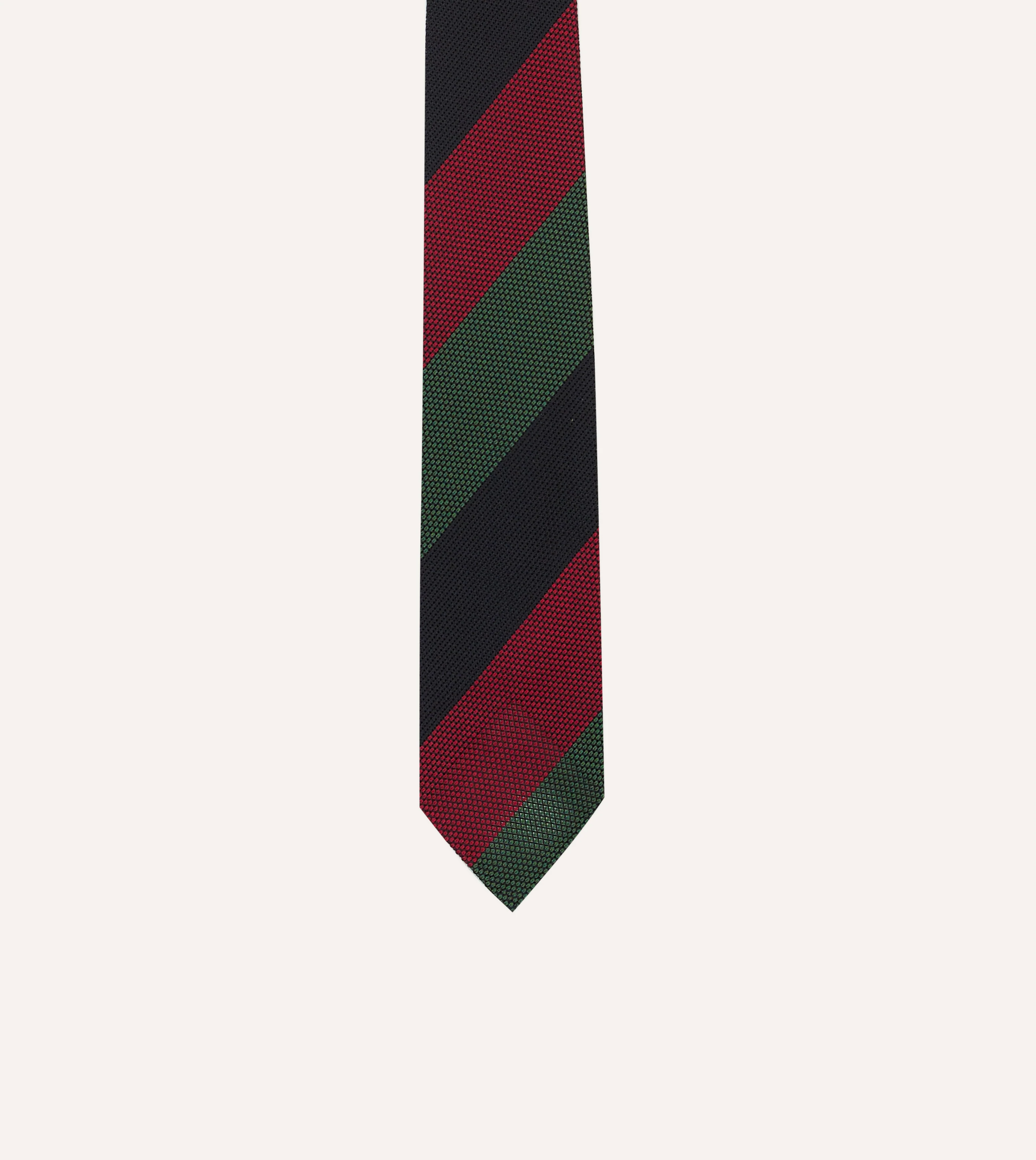 Green, Red and Navy Wide Stripe Hand Rolled Silk Grenadine Tie - Image 3