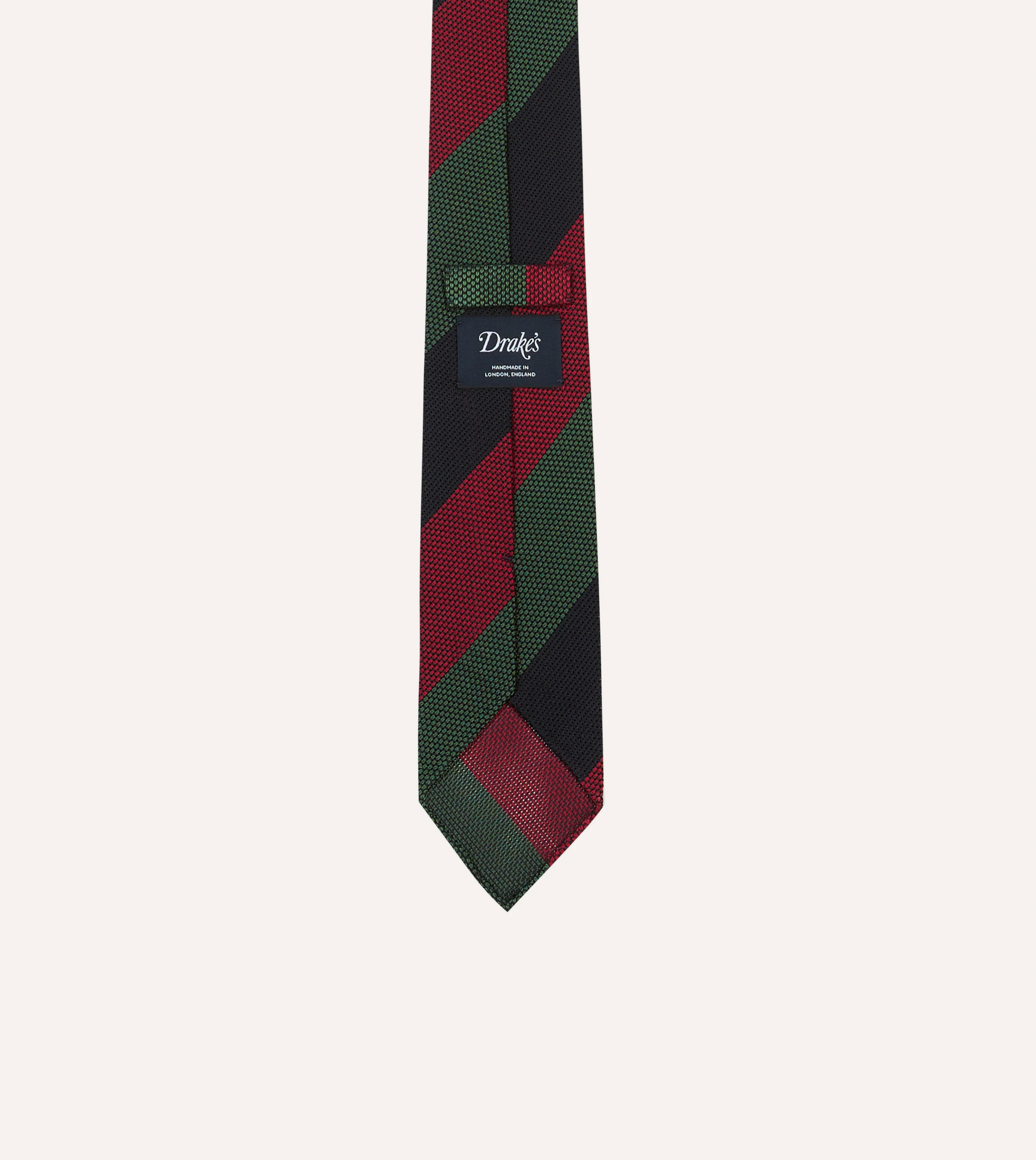 Green, Red and Navy Wide Stripe Hand Rolled Silk Grenadine Tie - Image 4