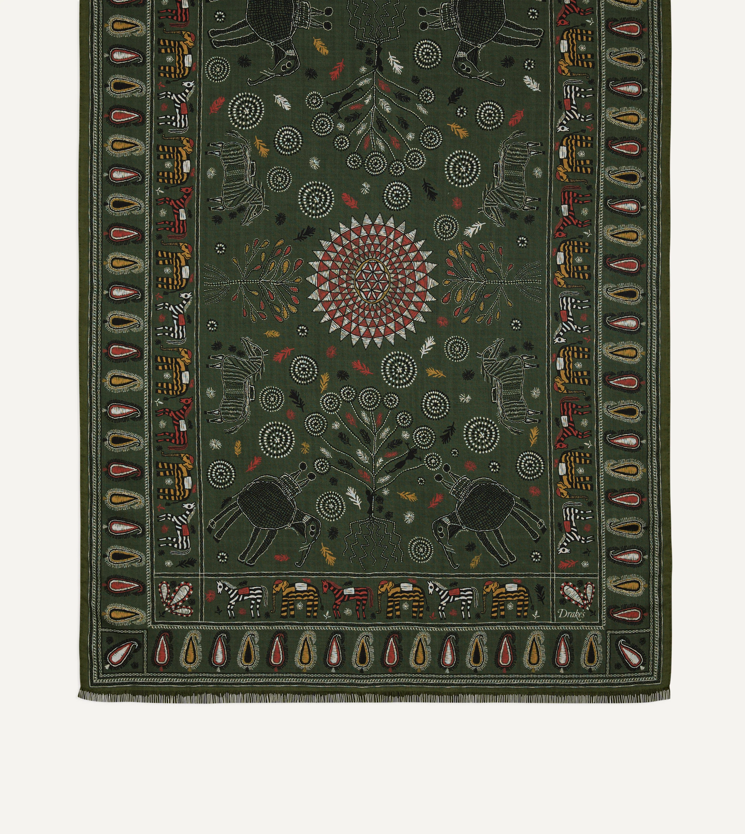 Green Rustic Elephant Print Wool-Silk Scarf - Image 3