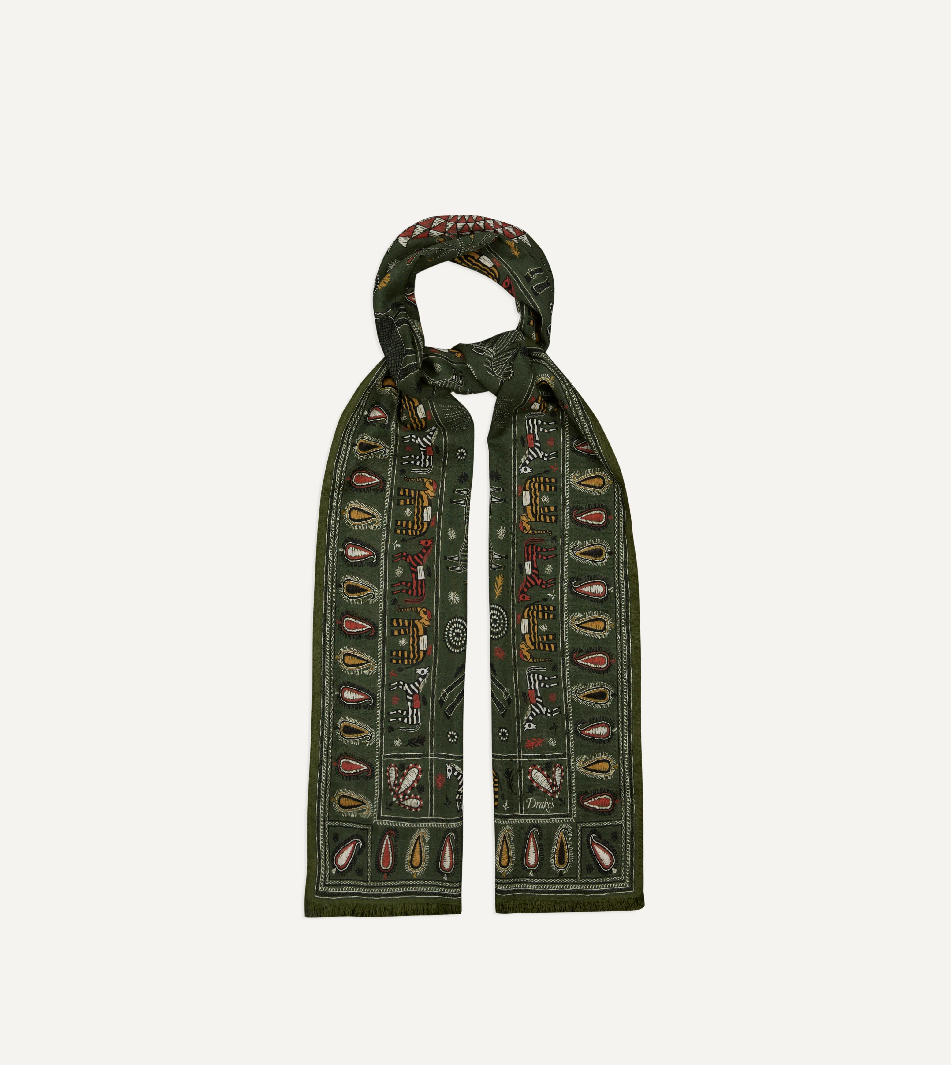 Green Rustic Elephant Print Wool-Silk Scarf - Image 4